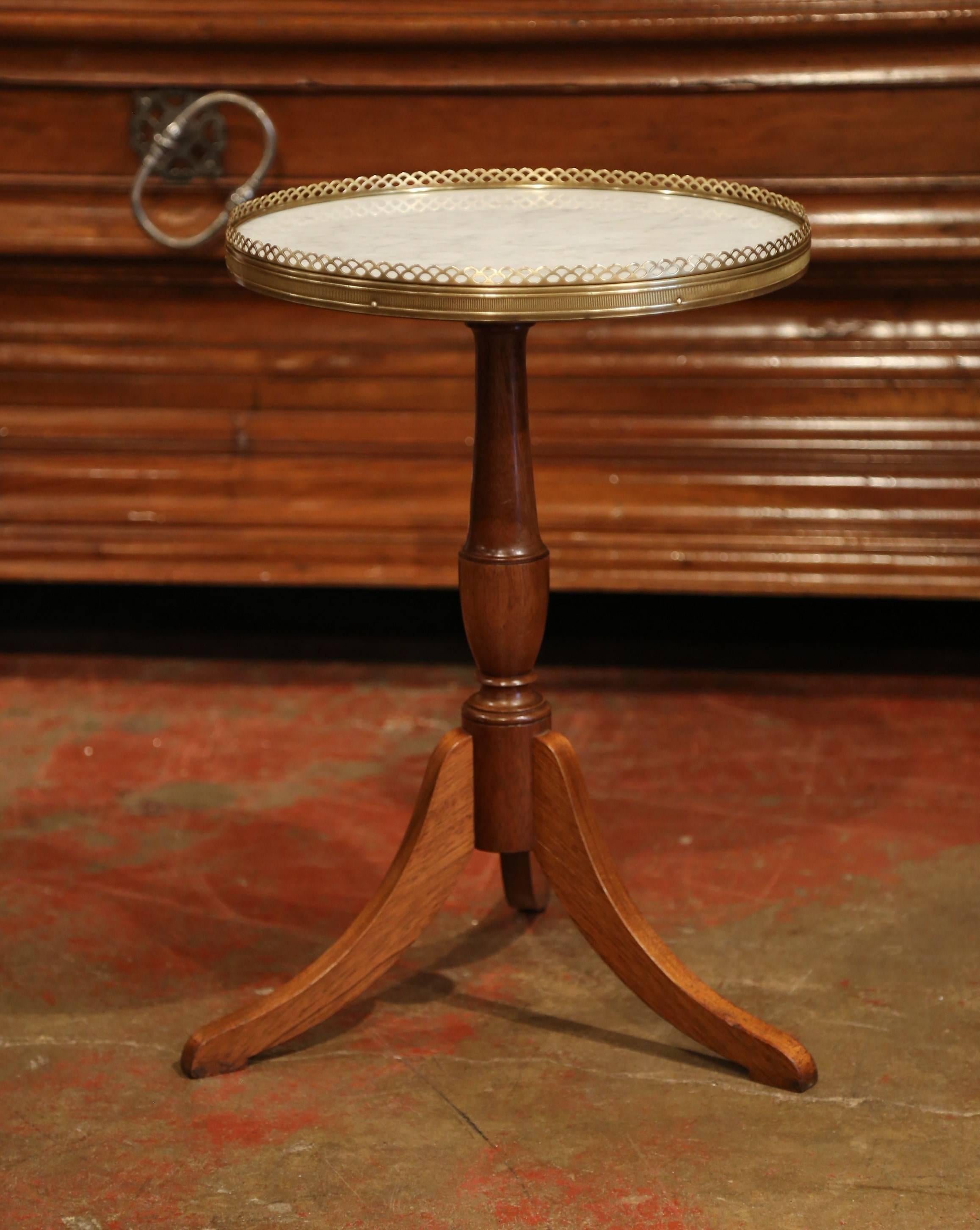 19th Century French Walnut Pedestal Side Table with Brass Gallery & Marble Top In Excellent Condition In Dallas, TX