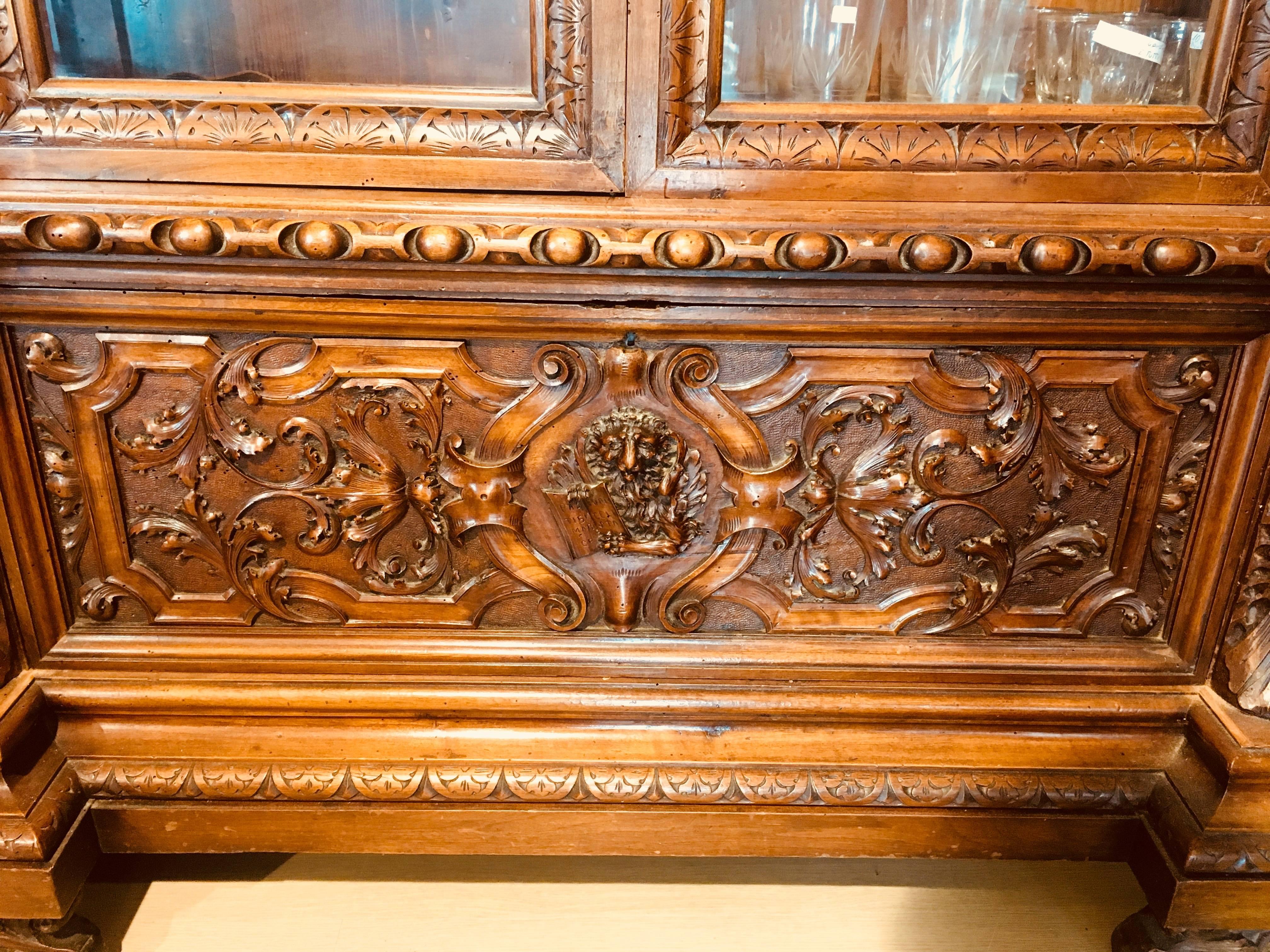 19th Century French Walnut Renaissance Grand Cabinet with Crystal Vitrines For Sale 1