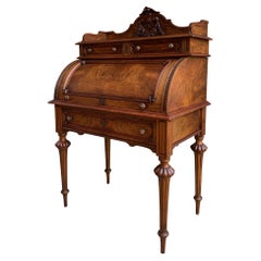 19th century French Walnut Roll Top Secretary Desk Henri II Biedermeier