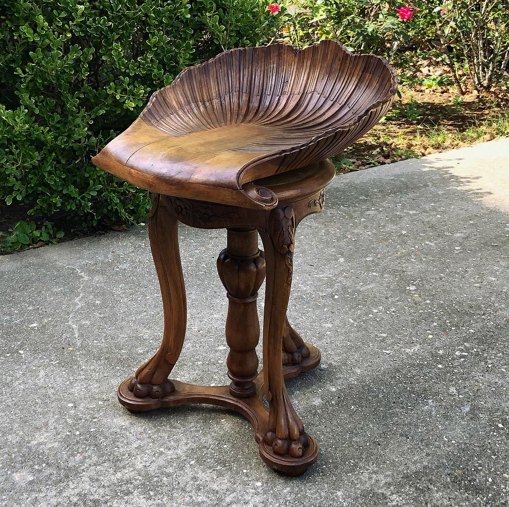 Hand-Carved 19th Century French Walnut Scallop Shell Musician's Stool