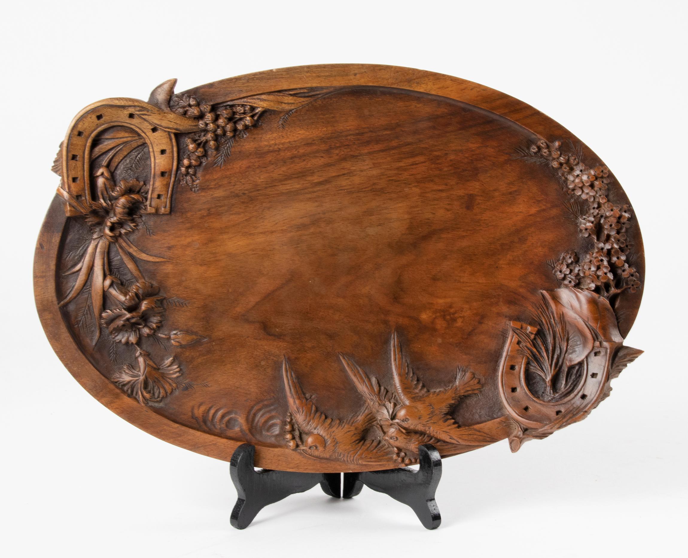 Romantic 19th Century French Walnut Serving Tray with Great Carving For Sale