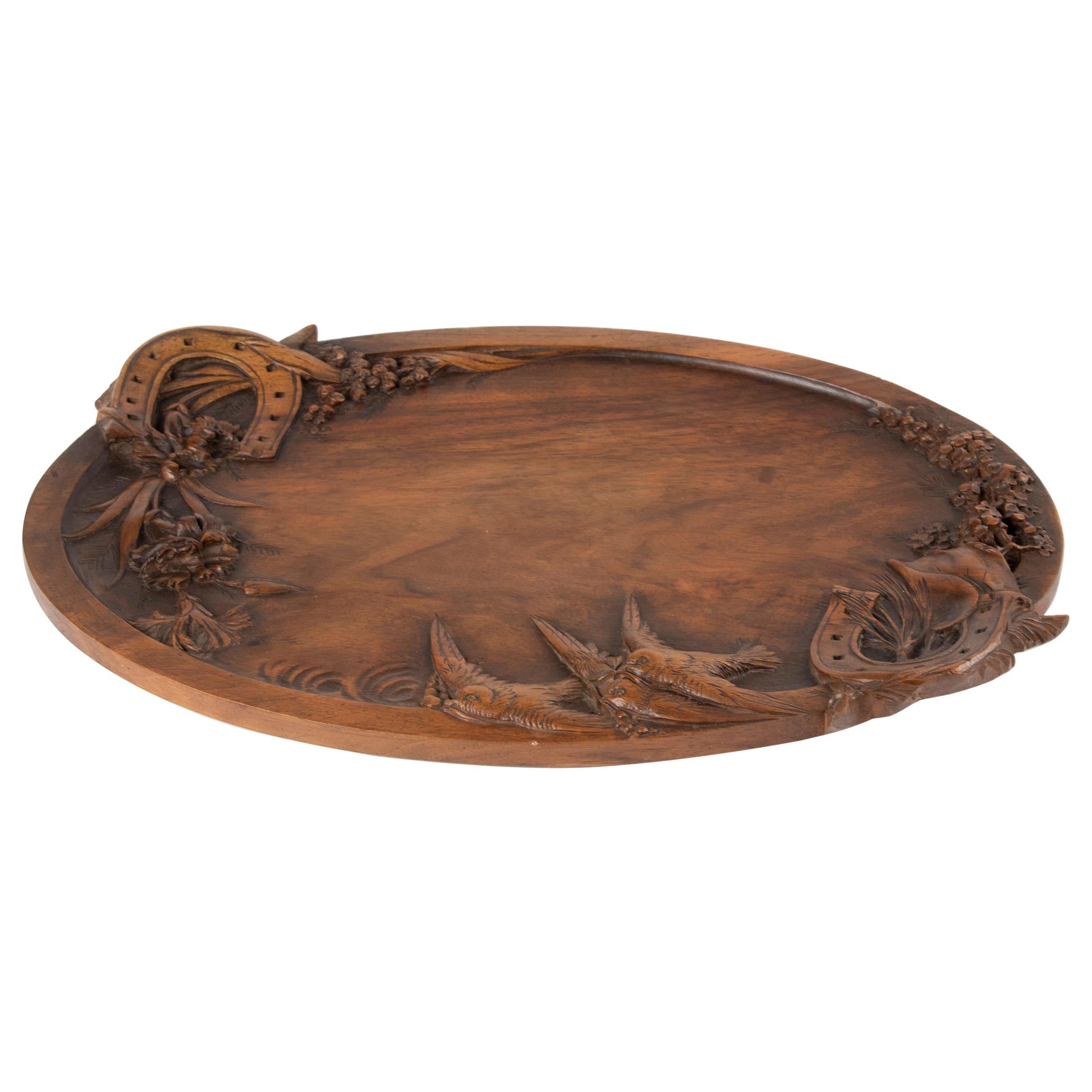 19th Century French Walnut Serving Tray with Great Carving For Sale