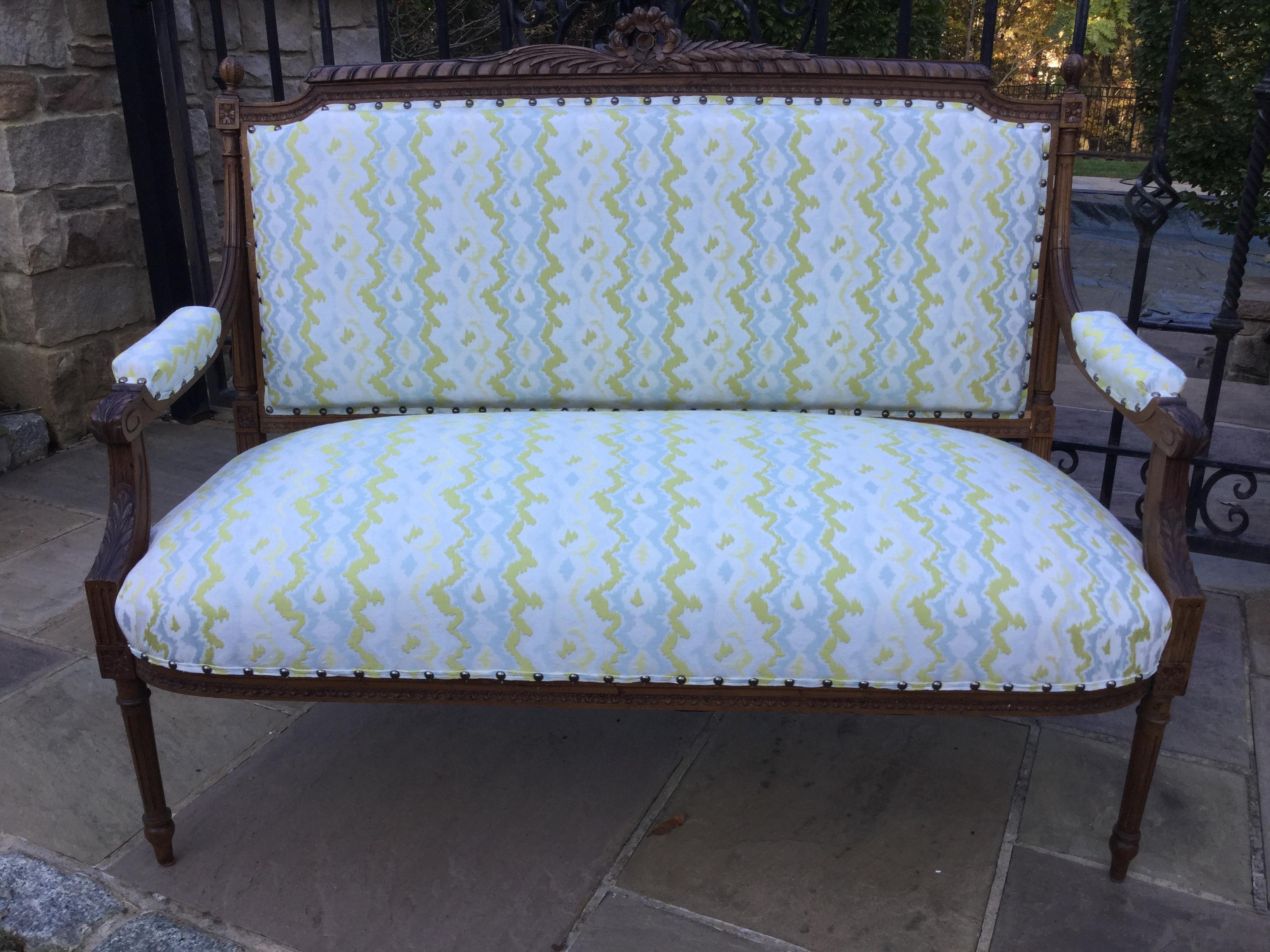 19th Century French Walnut Settee with New Designer Upholstery For Sale 5