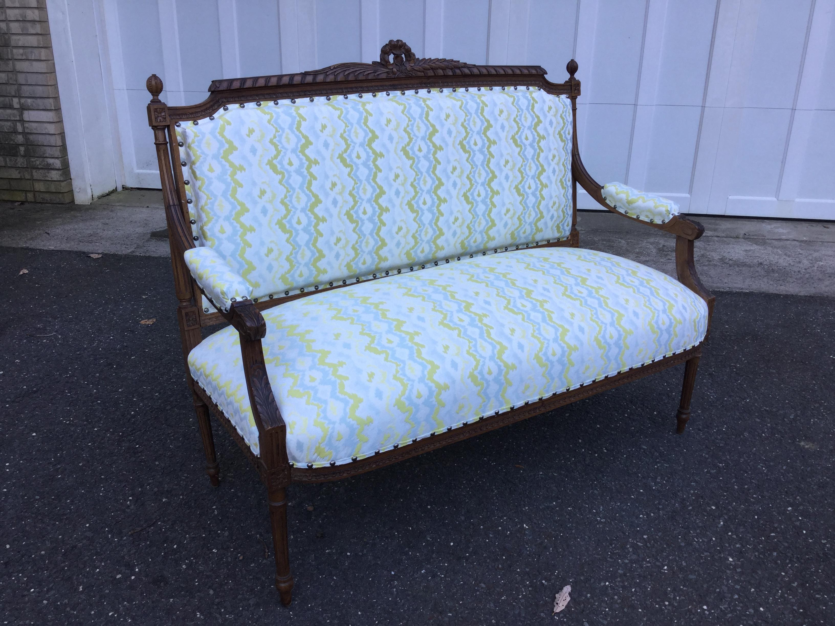 19th Century French Walnut Settee with New Designer Upholstery For Sale 4