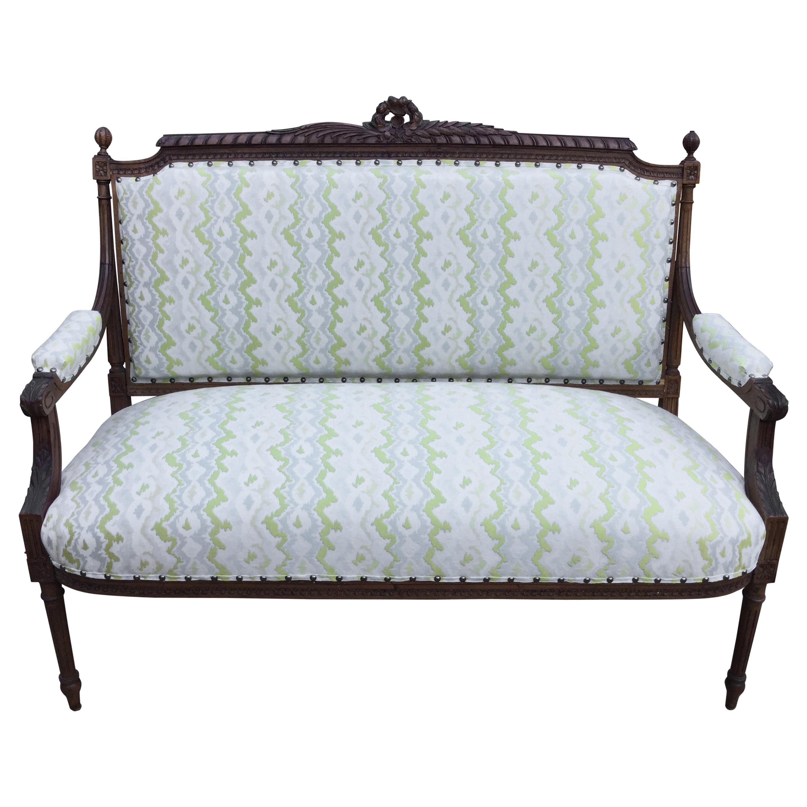 19th Century French Walnut Settee with New Designer Upholstery For Sale