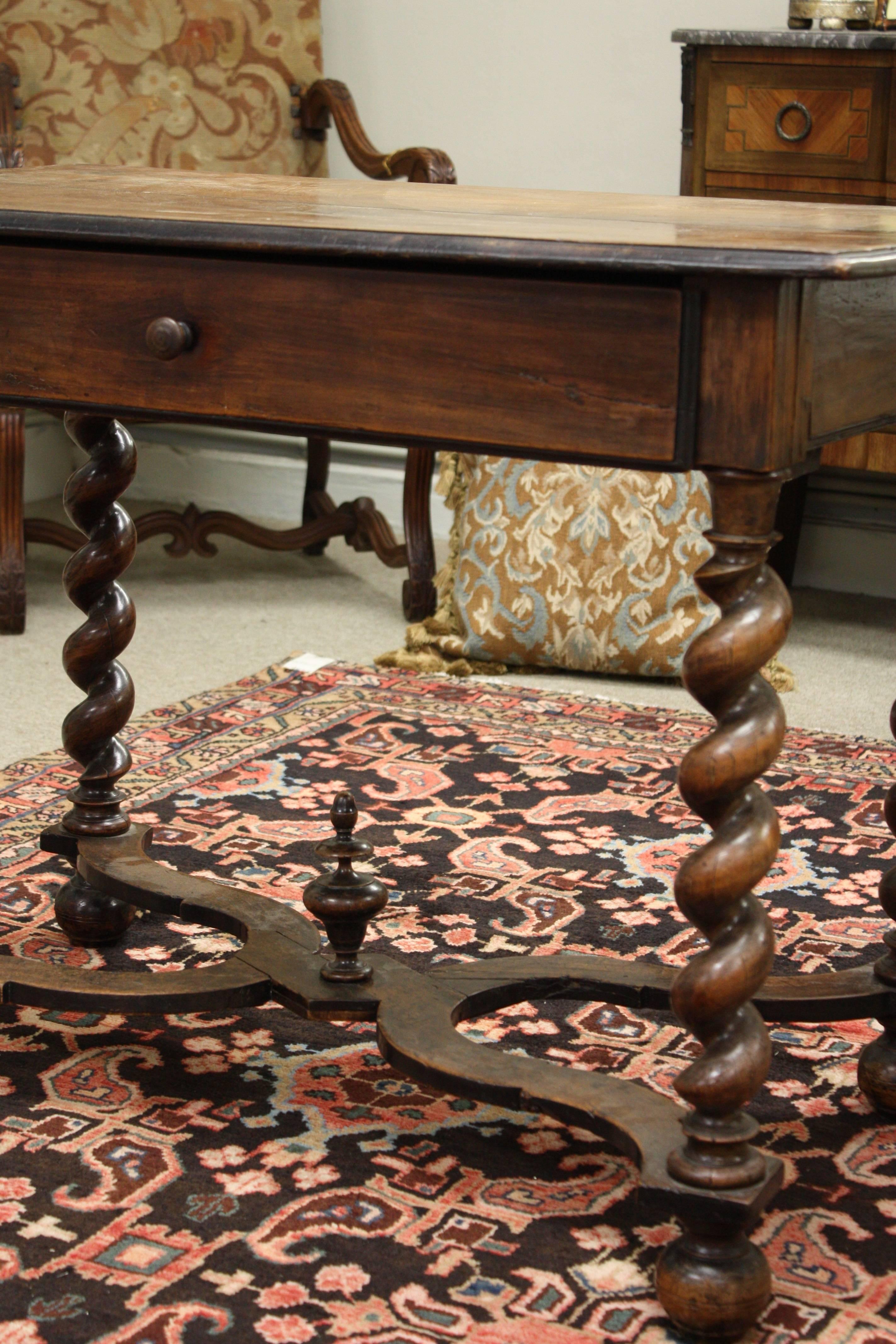 Louis XIII 19th Century French Walnut Side Table with Single Drawer and Barley-Twist Base