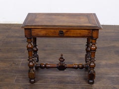 19th Century French Walnut Side Table with Turned Legs and Stretcher Base
