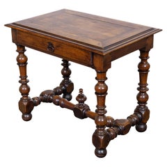 19th Century French Walnut Side Table with Turned Legs and Stretcher Base