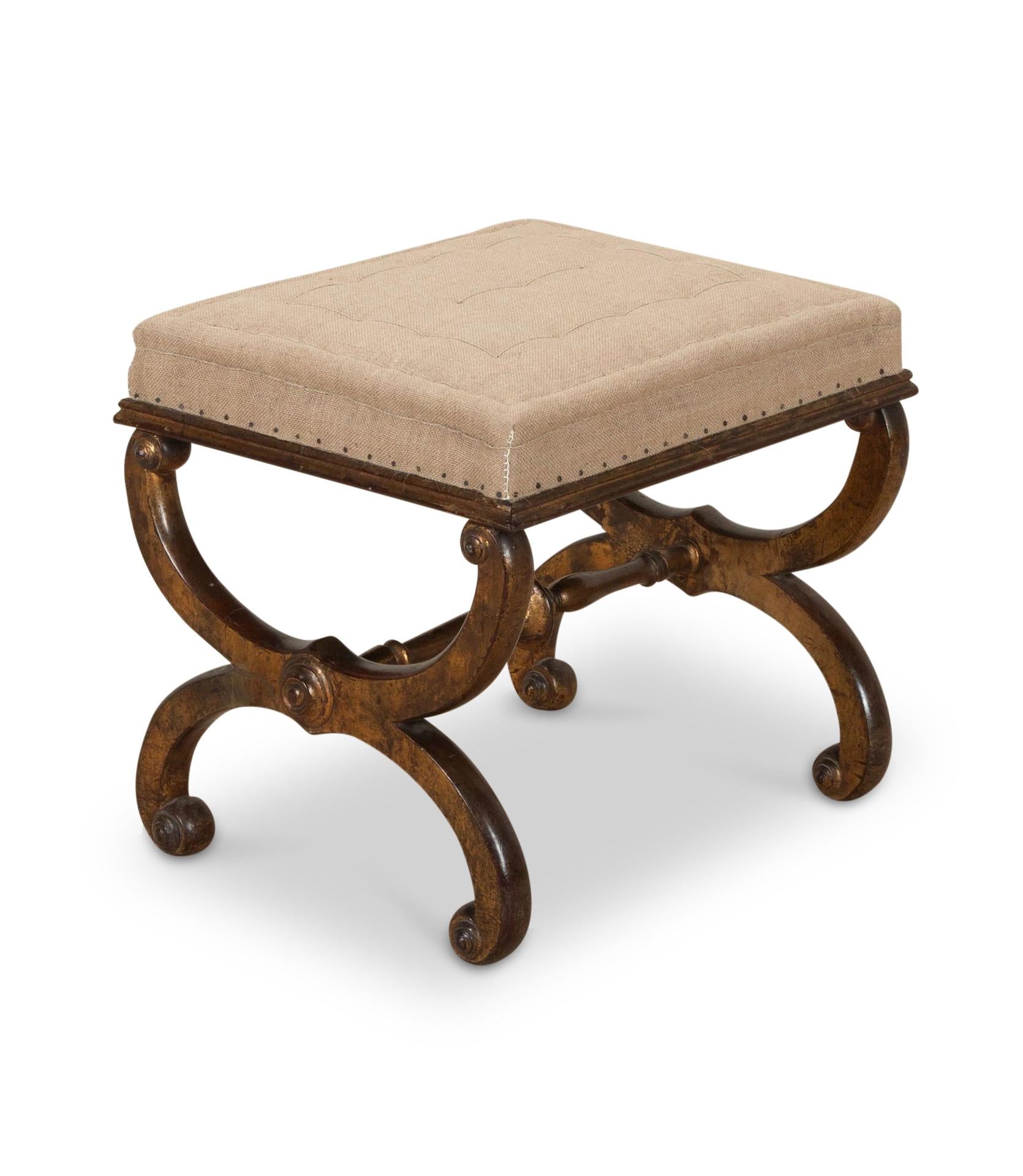 Wonderful and stylish 19th Century French walnut stool.

With crossbow supports and carved centre stretcher. Solid walnut with remnants of earlier gilding still present. Base upholstery completed ready for a fabric of your choice.

