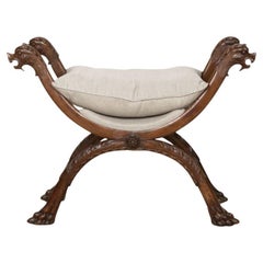 19th Century French Walnut Stool Reupholstered in Linen