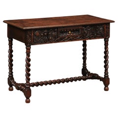 Antique 19th Century French Walnut Table with Barley Twist Legs /Stretcher