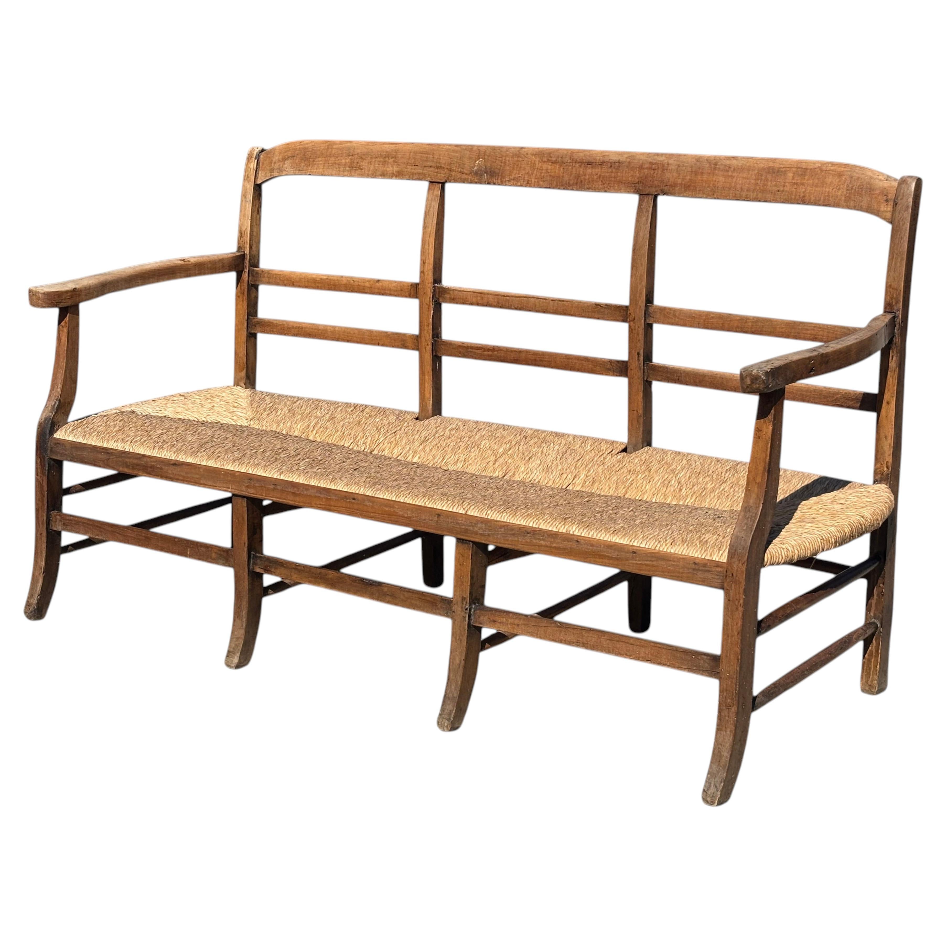 19th Century French Walnut Thick Rush Seat Hall Bench