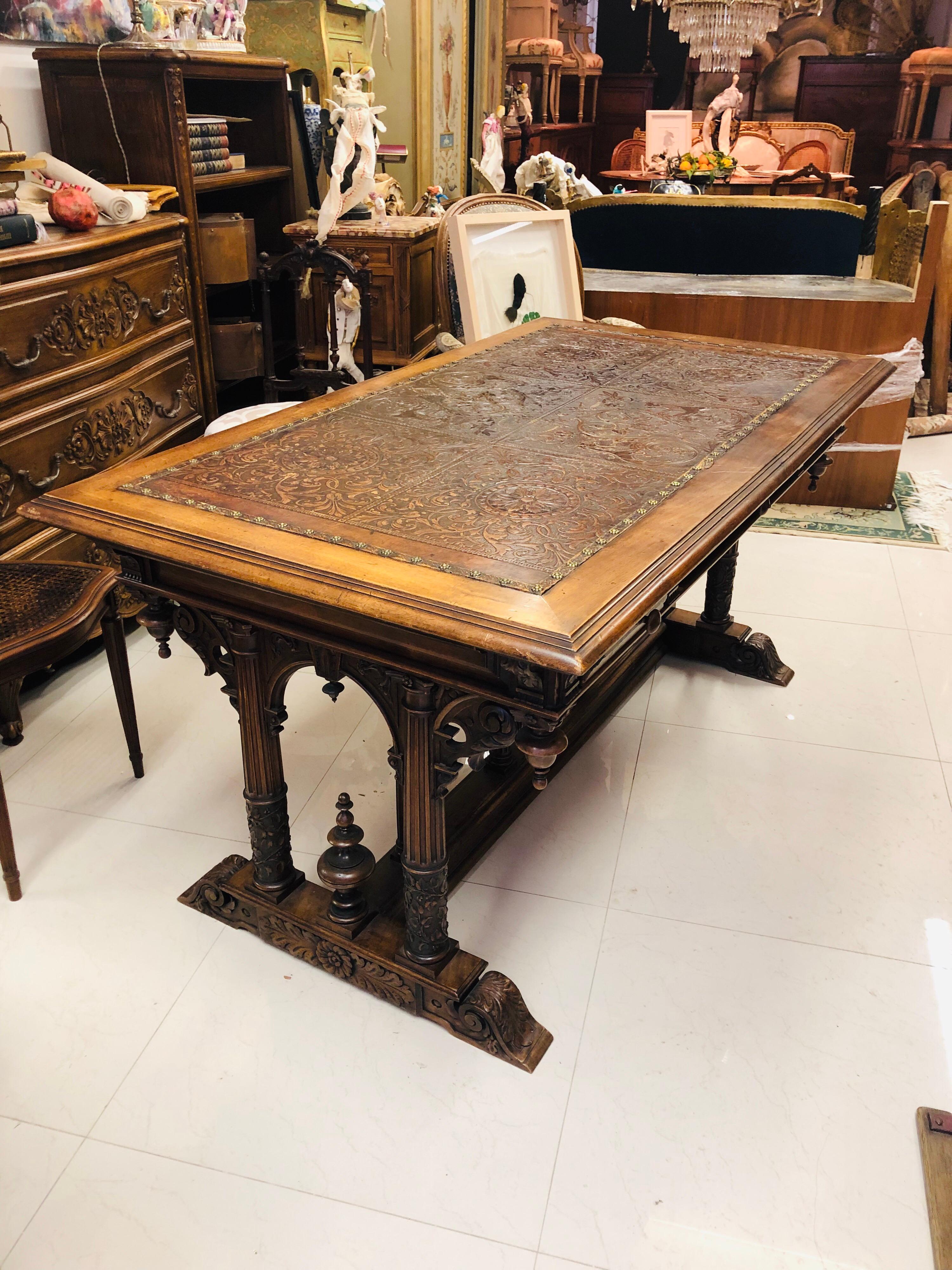 Hand-Carved 19th Century French Walnut Three-Drawer Hand Carved Desk Table, Henry II Style