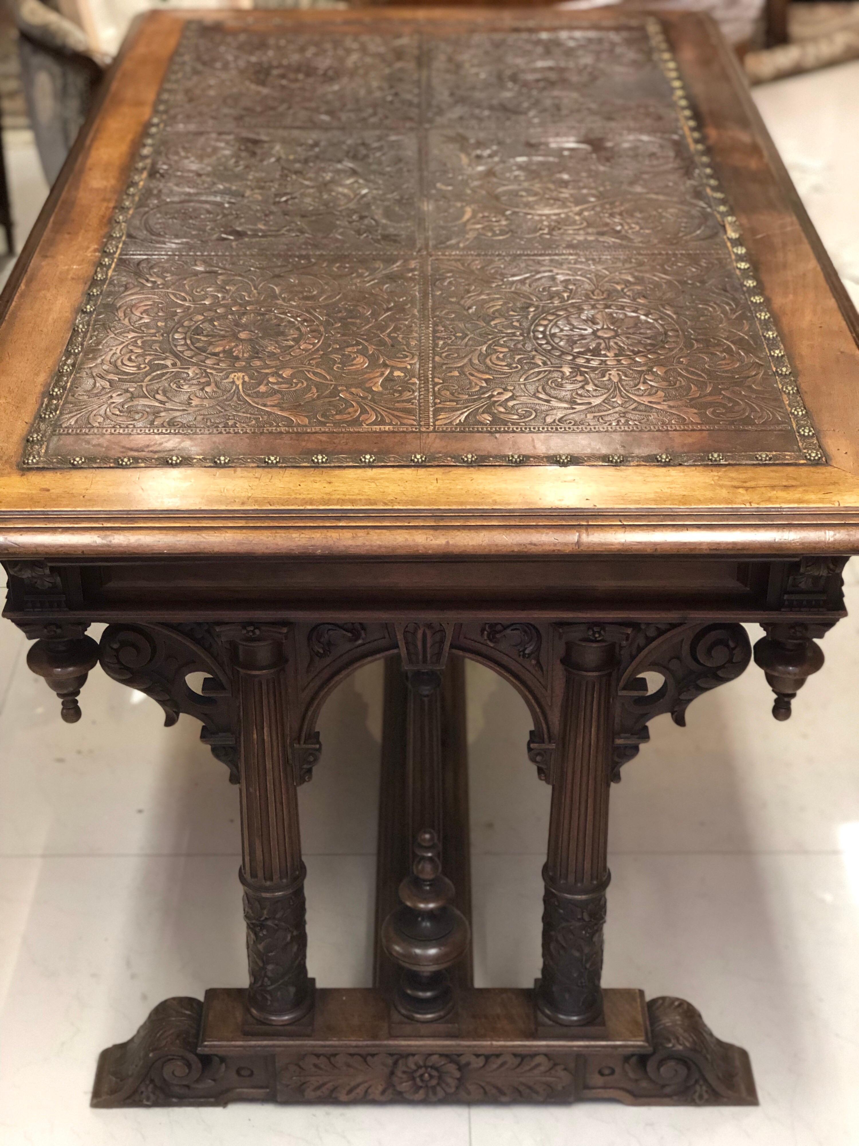 19th Century French Walnut Three-Drawer Hand Carved Desk Table, Henry II Style 1