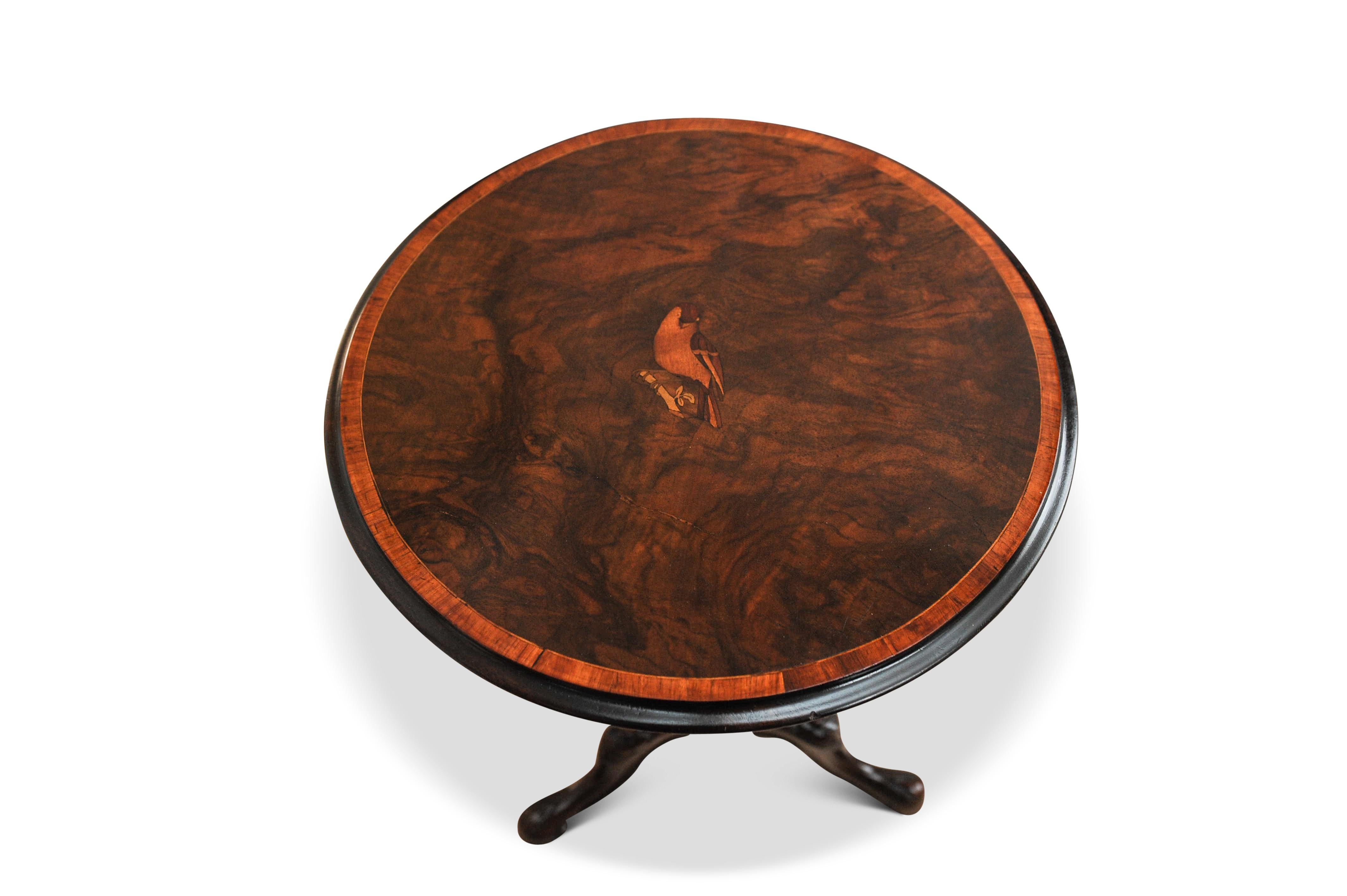 Victorian 19th Century French Walnut Tilt Top Wine Table With A Central Inlaid Bird Motif 