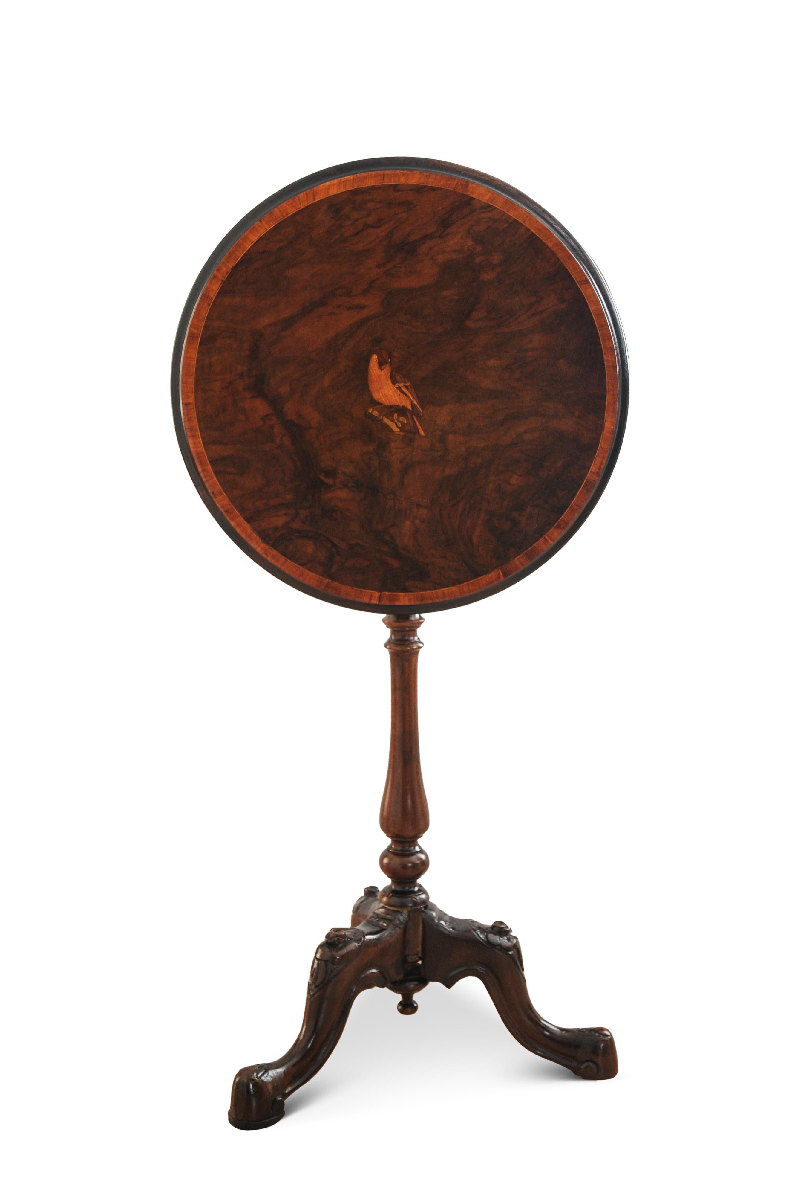19th Century French Walnut Tilt Top Wine Table With A Central Inlaid Bird Motif  For Sale 1