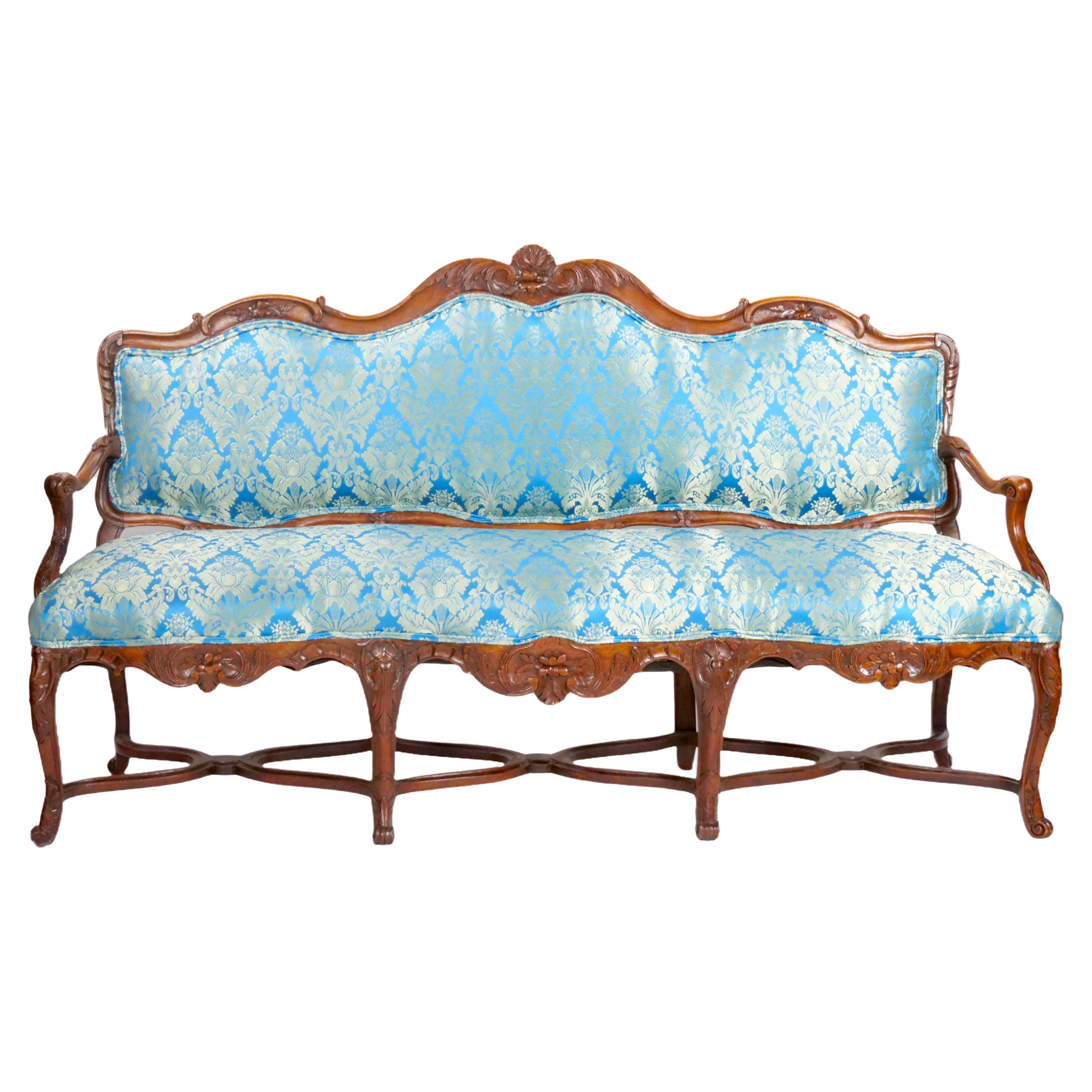 19th Century French Walnut Upholstered Three Seat Settee For Sale