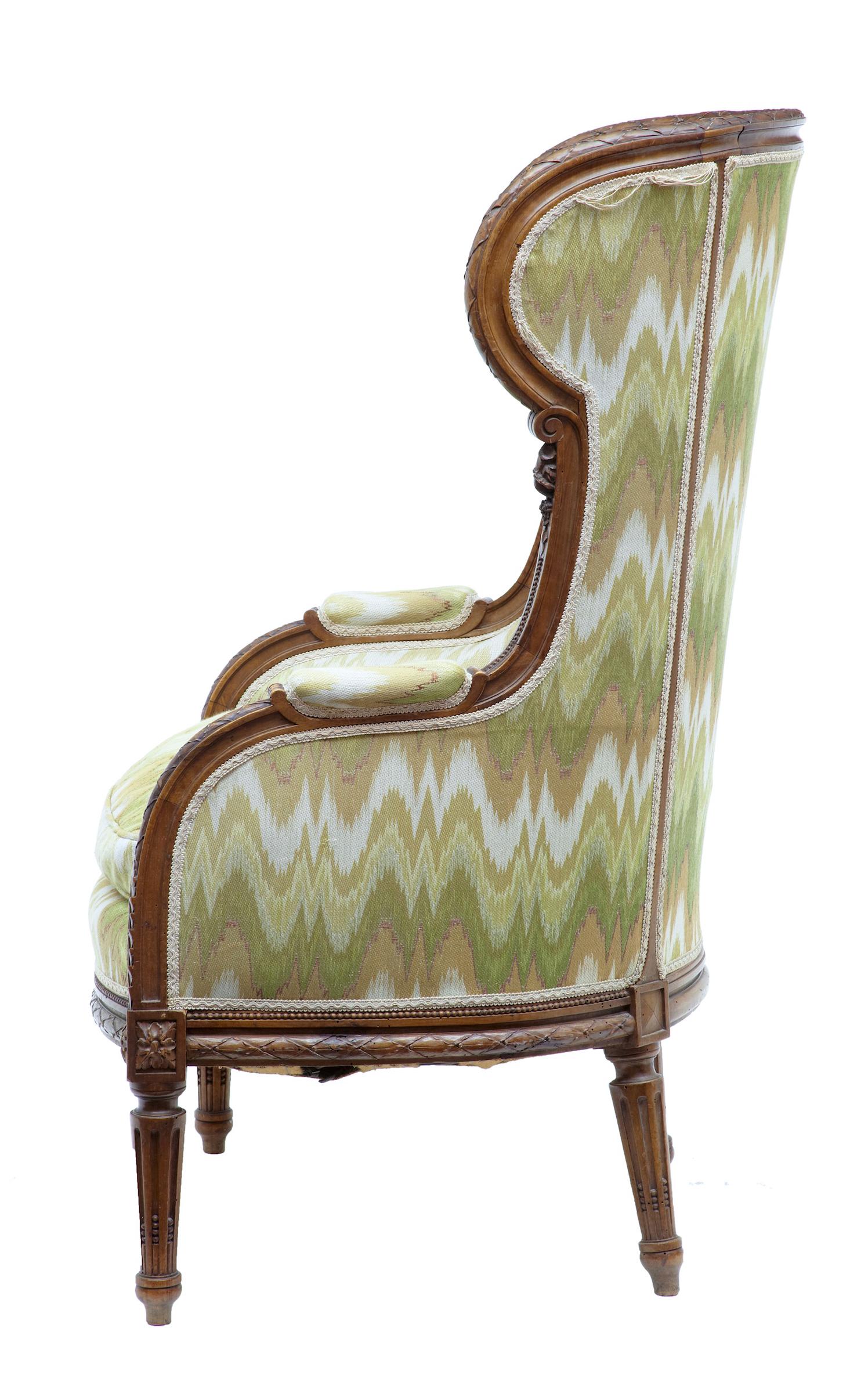 19th century French walnut wingback armchair, circa 1860.

Beautifully carved French armchair in walnut. Wingback for the ultimate in comfort. Intricately carved all around the outside of the frame with leaves and beading.

Standing on 4 fluted