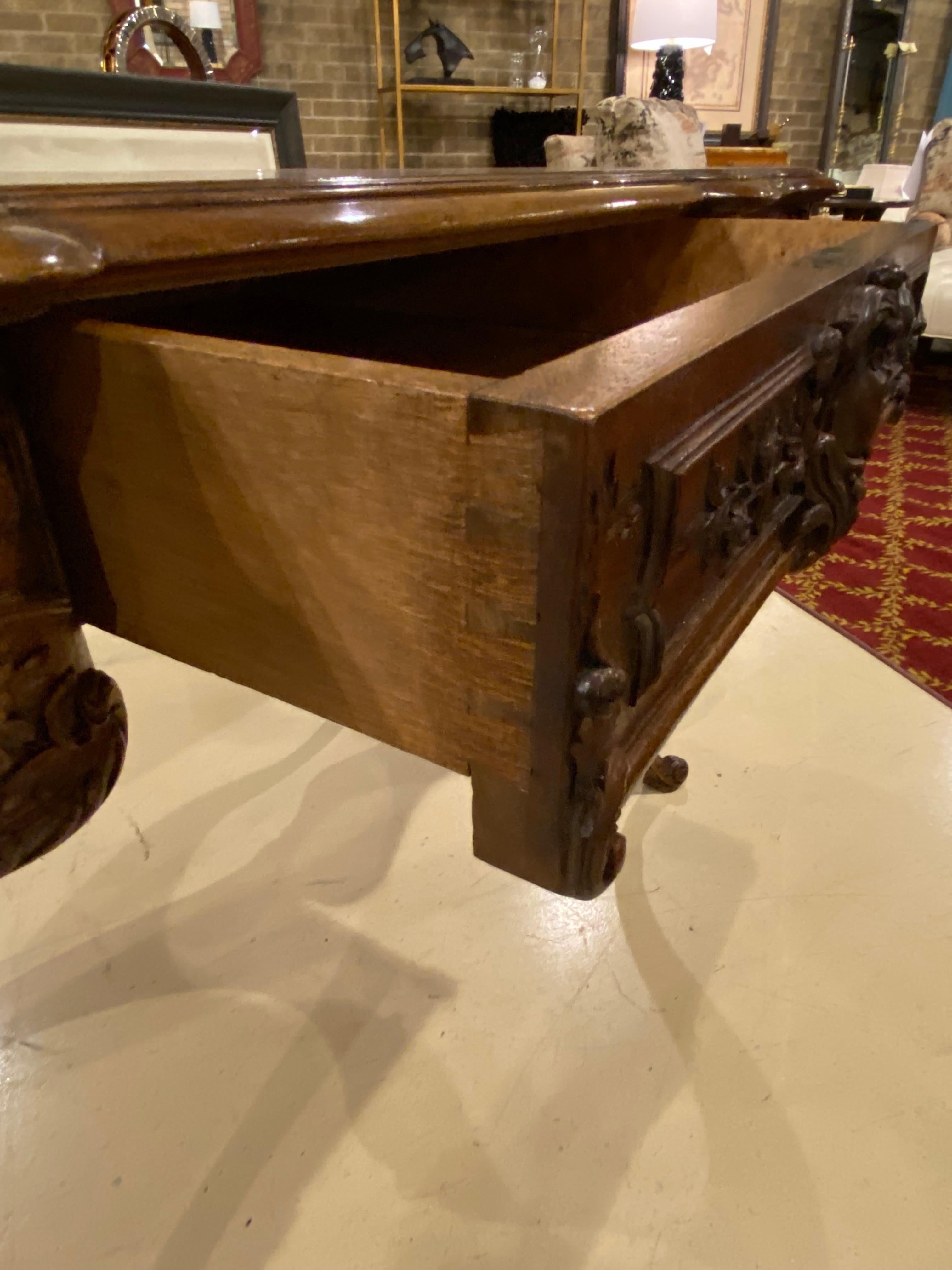 19th Century French Walnut Writing Table Desk, Cabriole Legs Banded Top, Drawer For Sale 6