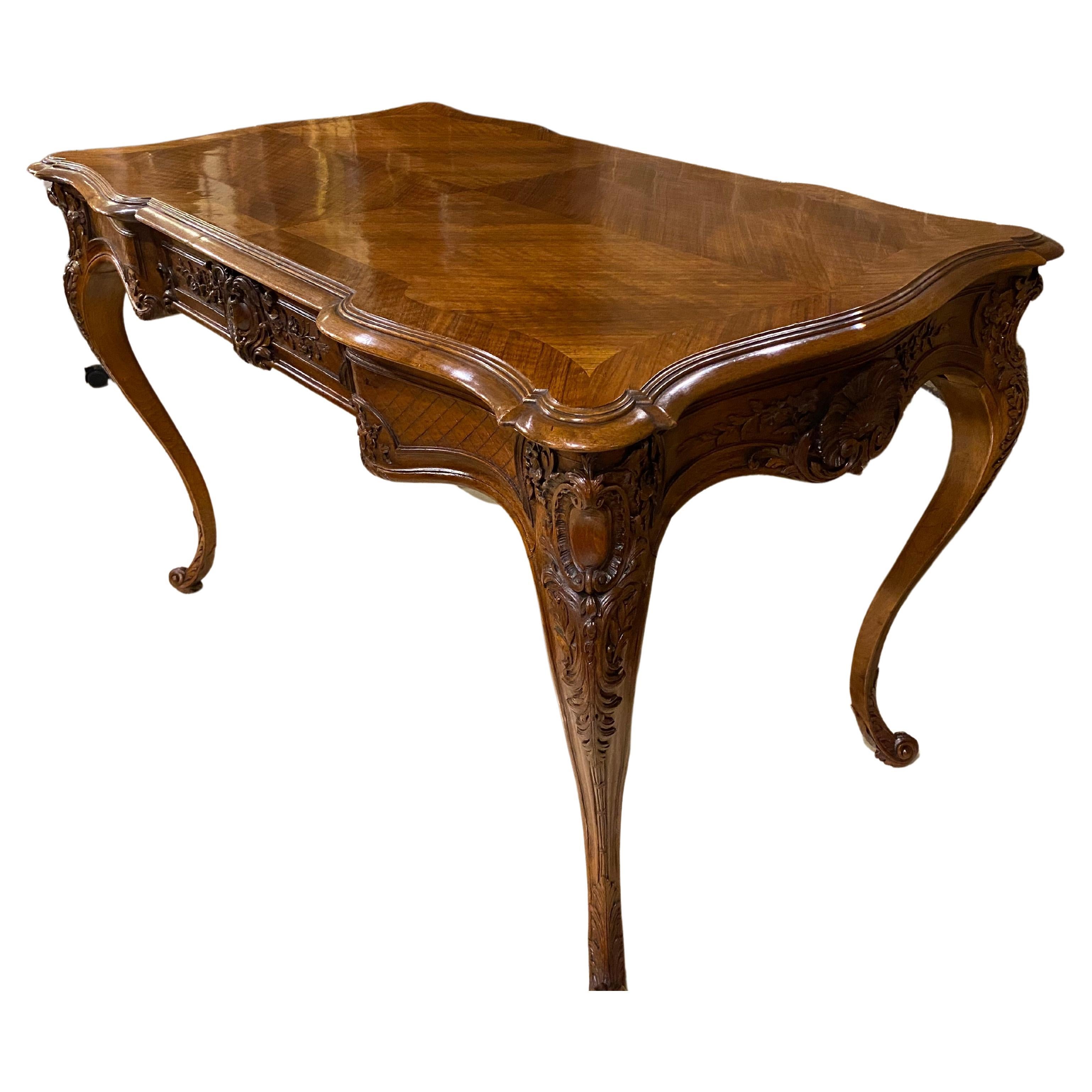 19th Century French Walnut Writing Table Desk, Cabriole Legs Banded Top, Drawer For Sale