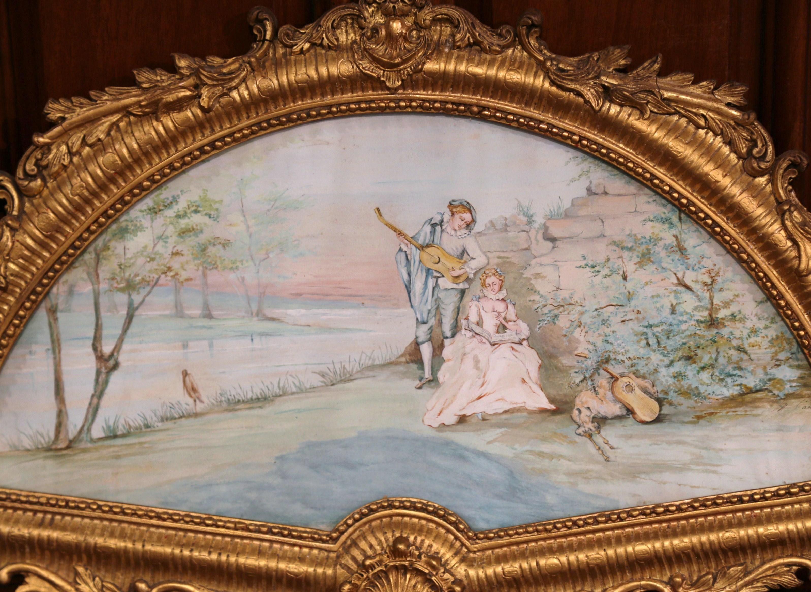 Shaped as a fan, this antique painting would make a unique addition to a powder room, or gallery wall hanging. Created in Paris, France, circa 1870, the elegant, decorative wall piece features a romantic, courtly scene with a gentleman playing a