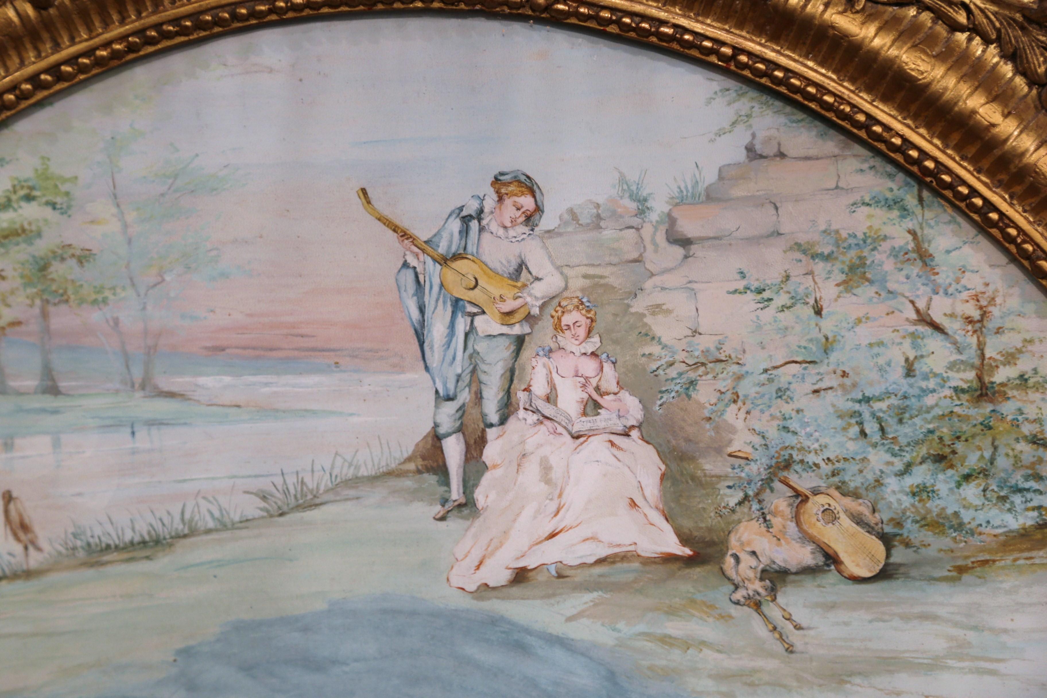Louis XV 19th Century French Watercolor Courting Scene in Carved Gilt Frame Signed Canoby