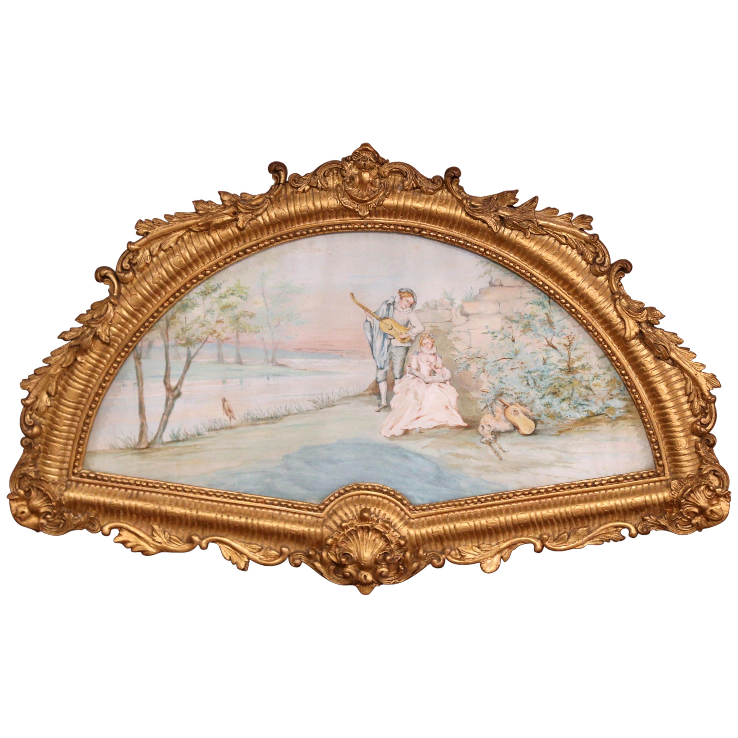 19th Century French Watercolor Courting Scene in Carved Gilt Frame Signed Canoby