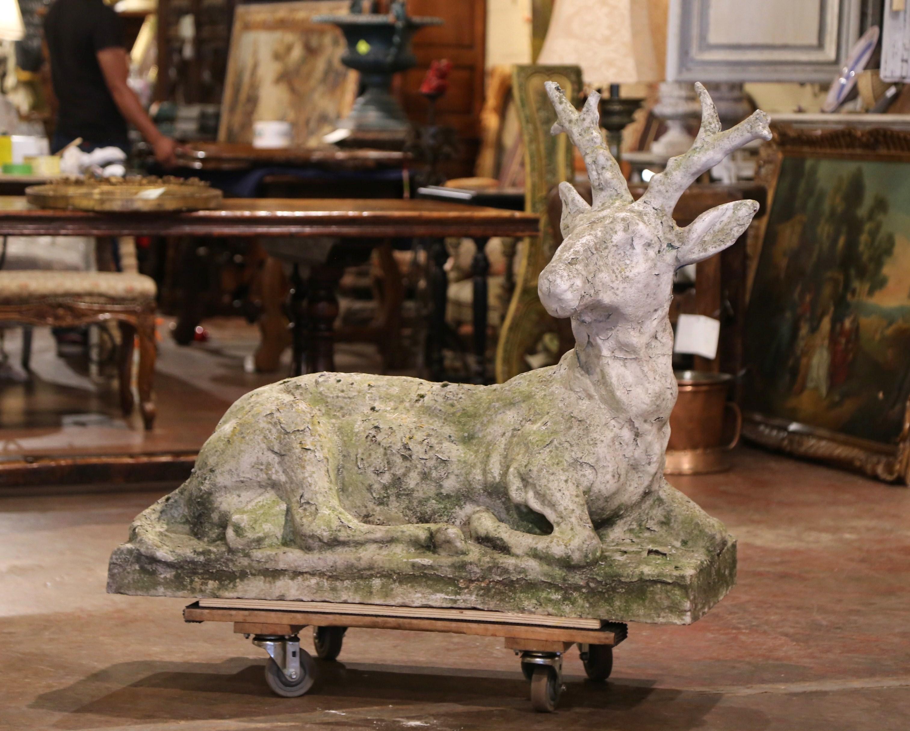 Decorate a garden with this important antique deer sculpture. Carved in northern France circa 1880 and set on a rectangular integral base, the large buck figure is featured lying down his head up. The elegant sculpture is in excellent condition