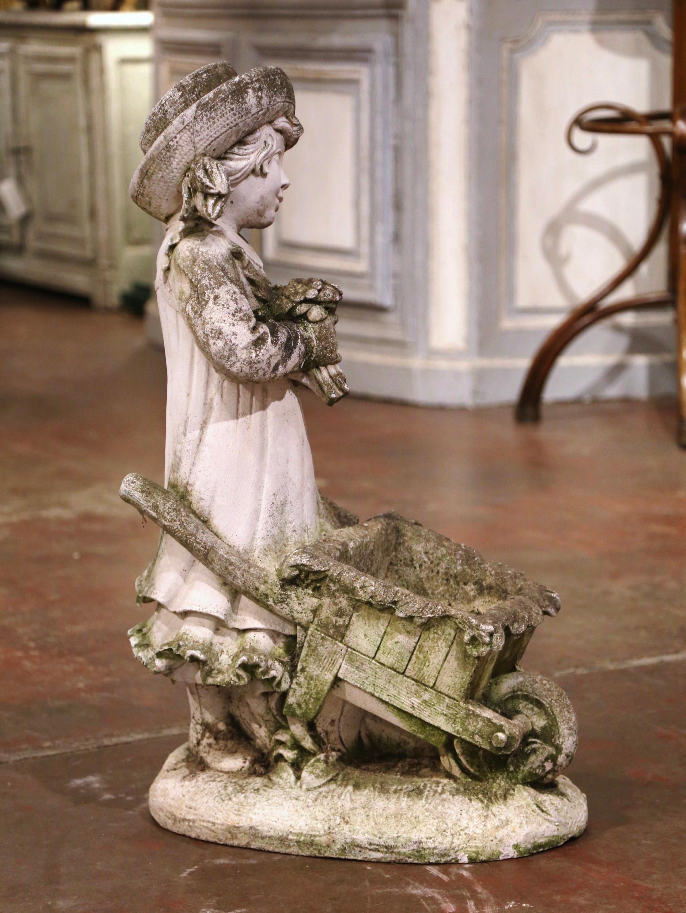 19th Century French Weathered Cast Concrete Garden Girl & Wheelbarrow Sculpture For Sale 4