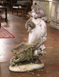 19th Century French Weathered Cast Concrete Garden Girl & Wheelbarrow Sculpture