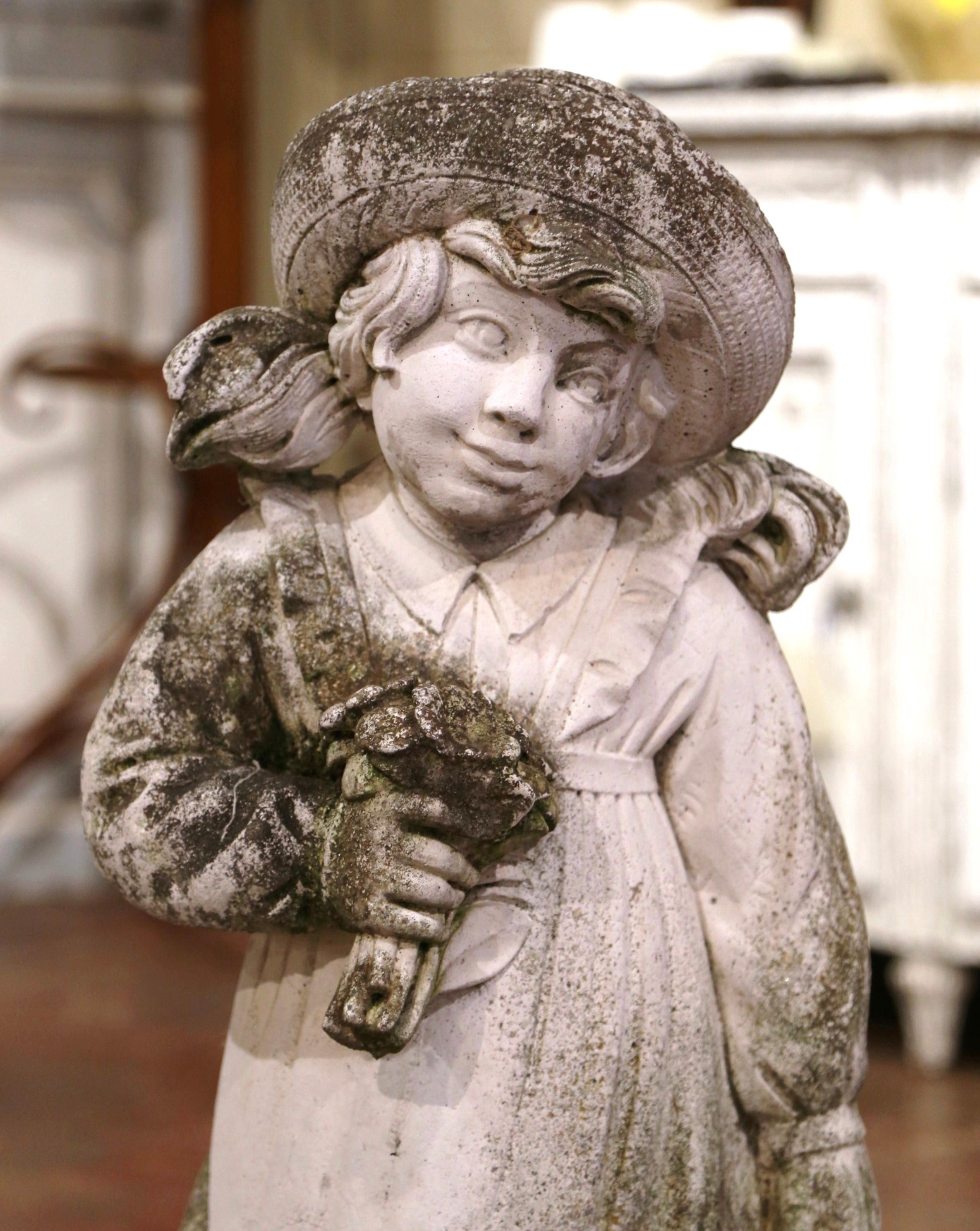 Country 19th Century French Weathered Cast Concrete Garden Girl & Wheelbarrow Sculpture For Sale