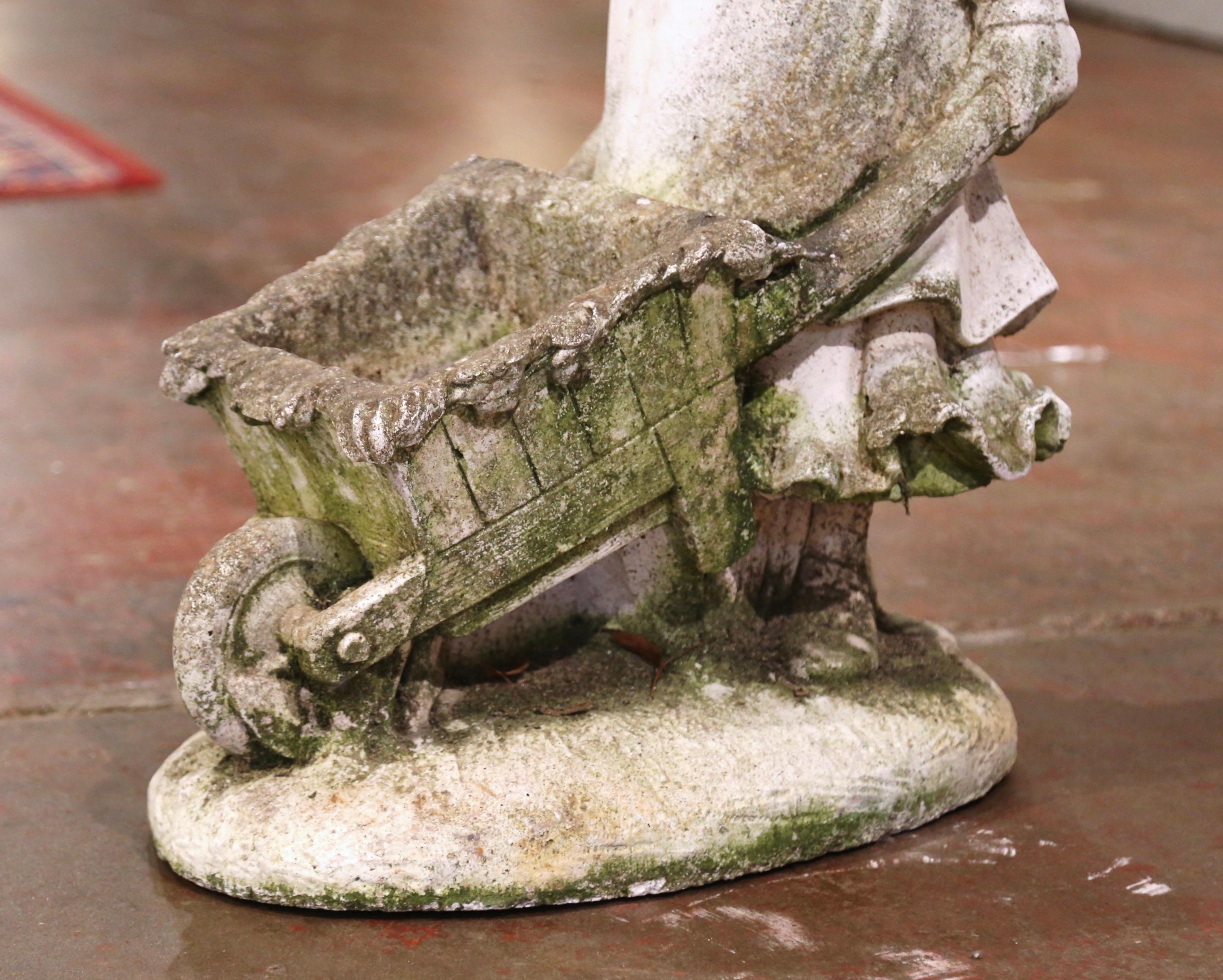 19th Century French Weathered Cast Concrete Garden Girl & Wheelbarrow Sculpture In Excellent Condition For Sale In Dallas, TX