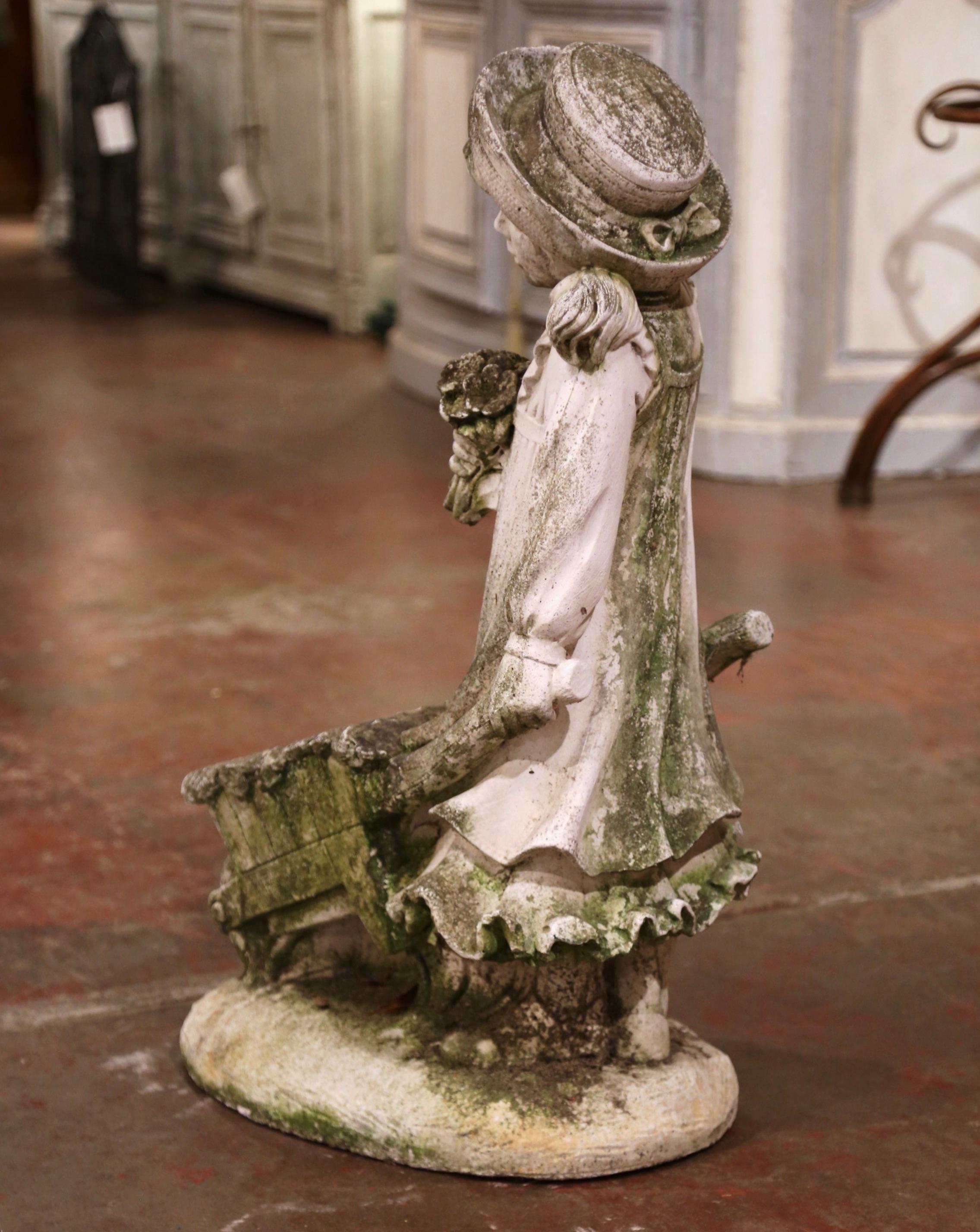 19th Century French Weathered Cast Concrete Garden Girl & Wheelbarrow Sculpture For Sale 2