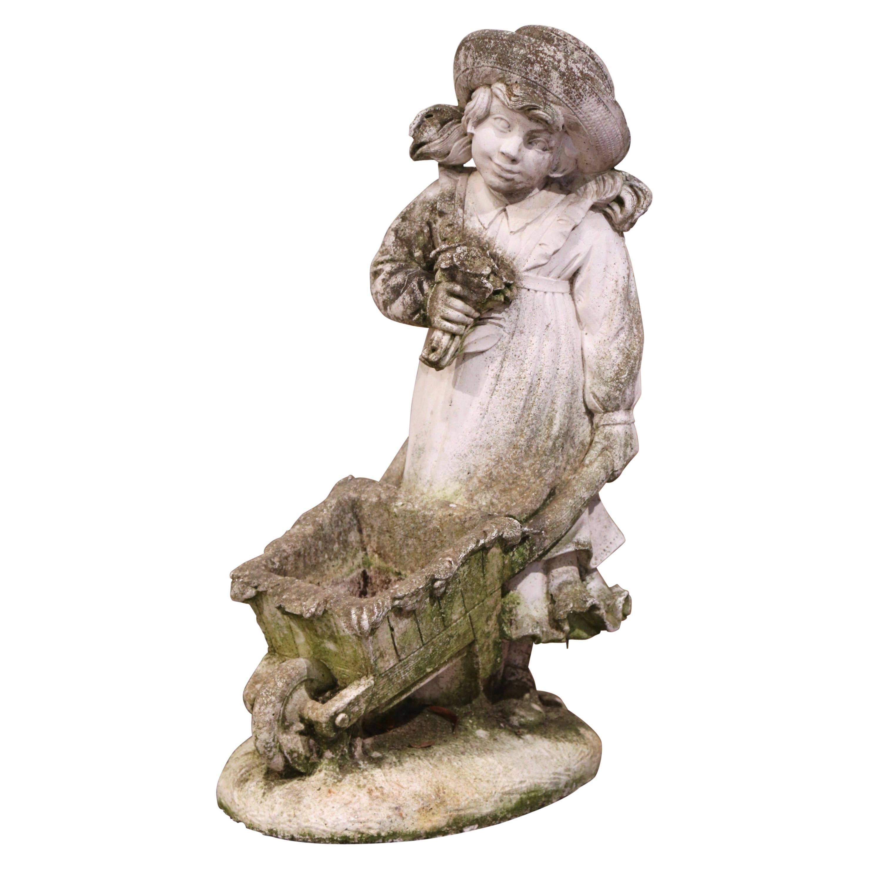 19th Century French Weathered Cast Concrete Garden Girl & Wheelbarrow Sculpture For Sale