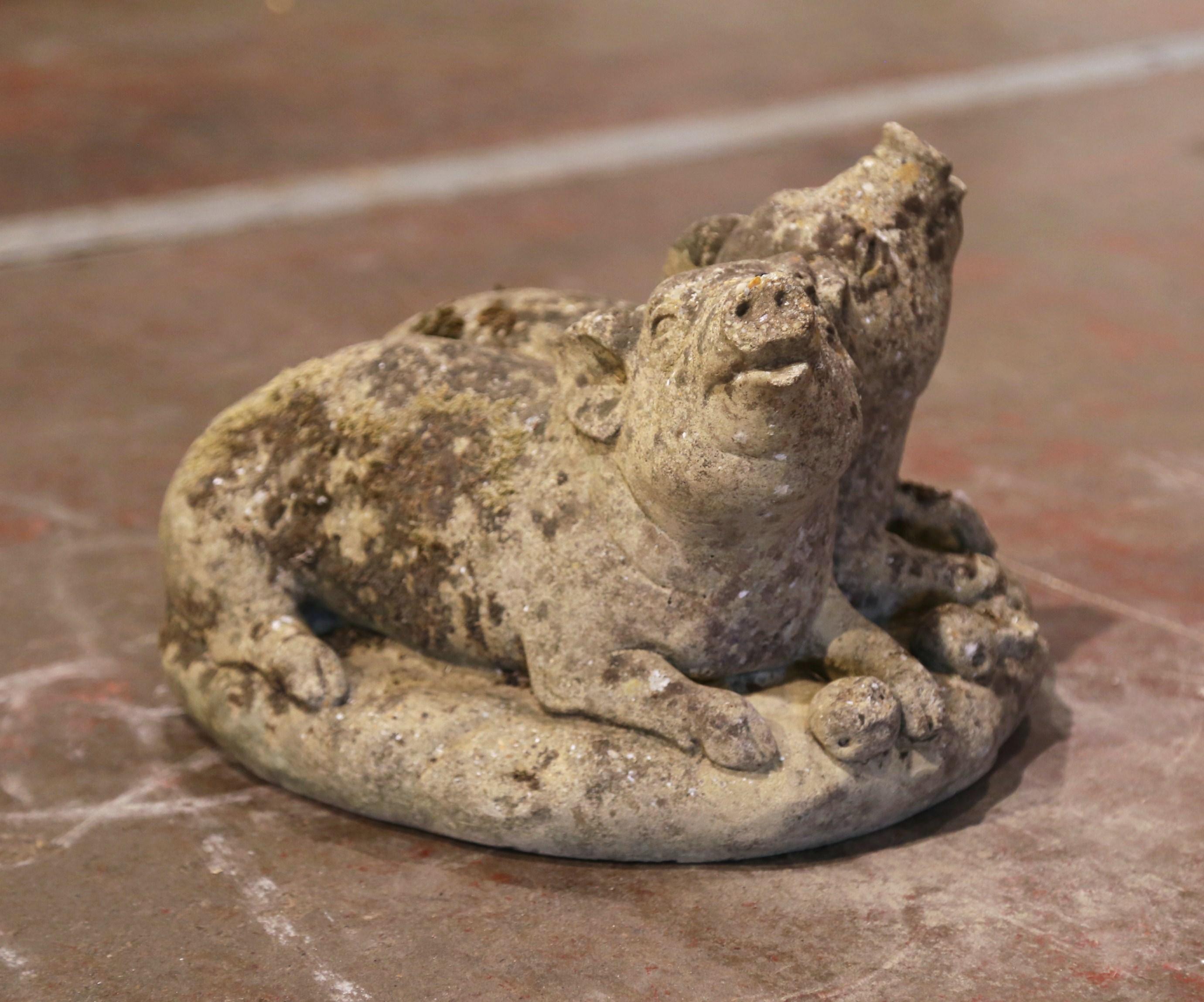 Hand-Crafted 19th Century French Weathered Concrete Garden Pig Composition Sculpture For Sale