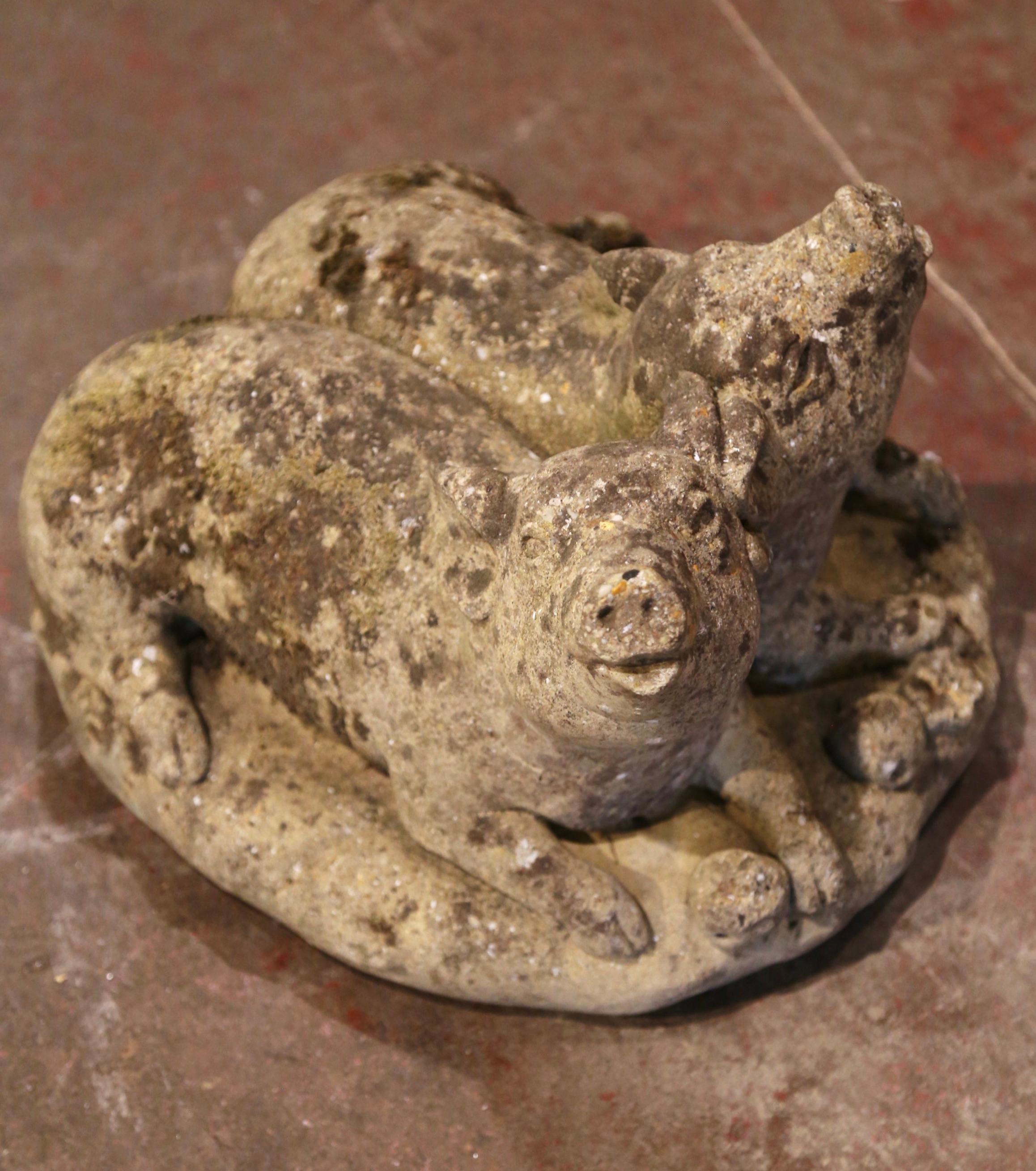 19th Century French Weathered Concrete Garden Pig Composition Sculpture In Excellent Condition For Sale In Dallas, TX