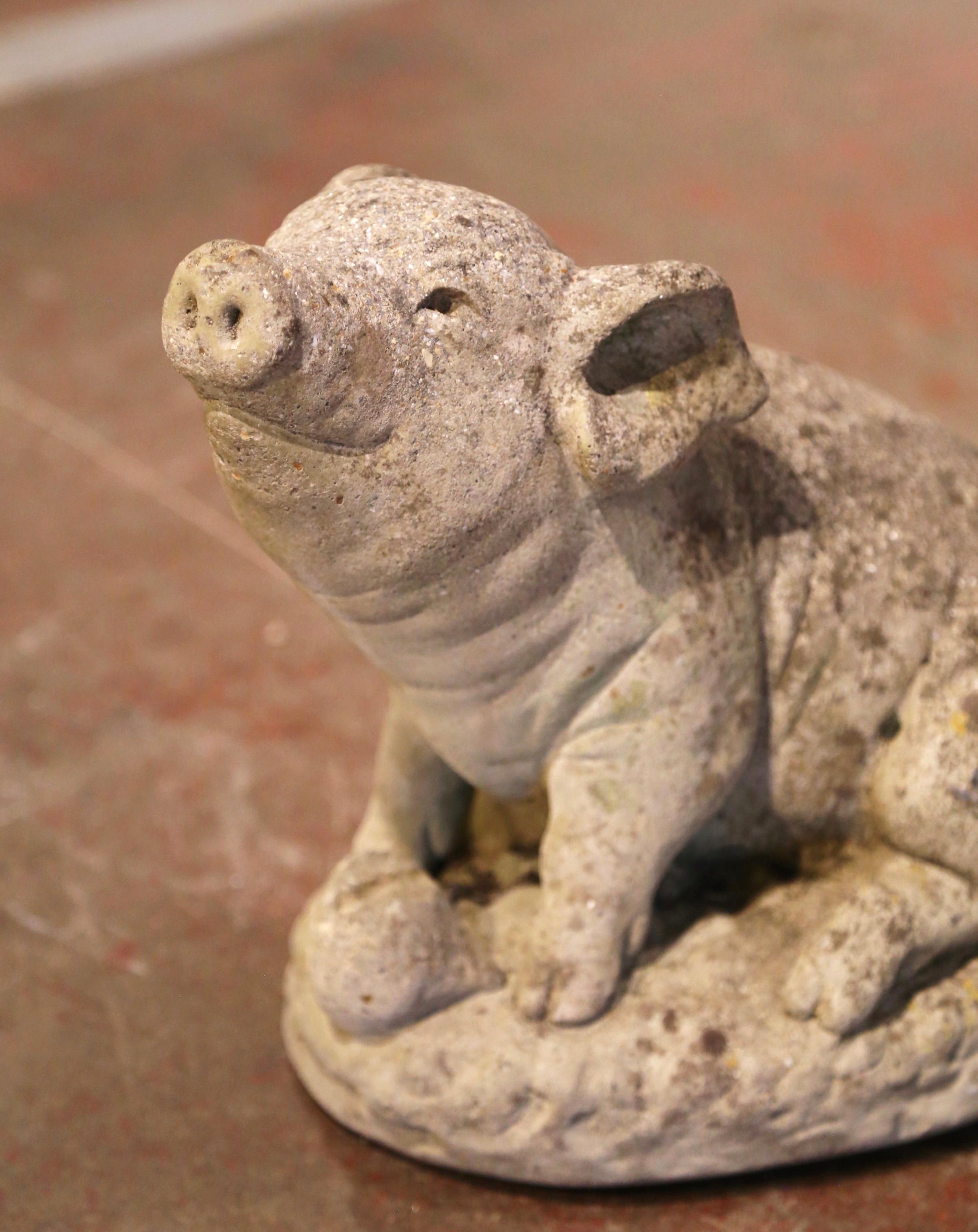 Decorate a kitchen counter or patio with this antique pig sculpture. Crafted in France circa 1880 and carved of concrete, the sculpture features a smiling pig sited on his back legs on a rocky oval base. The cheerful pig composition is in excellent