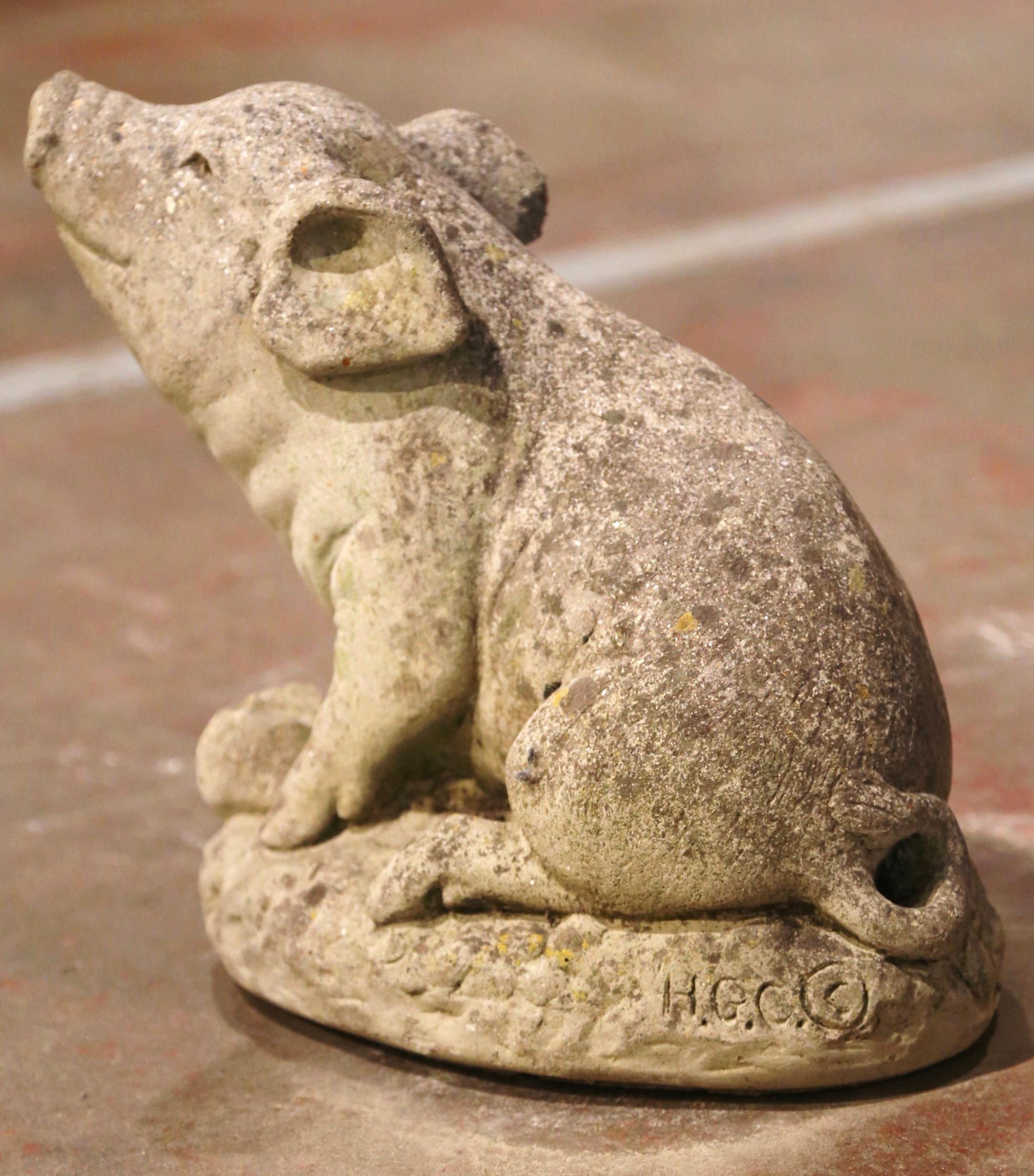 Hand-Crafted 19th Century French Weathered Concrete Garden Pig Sculpture
