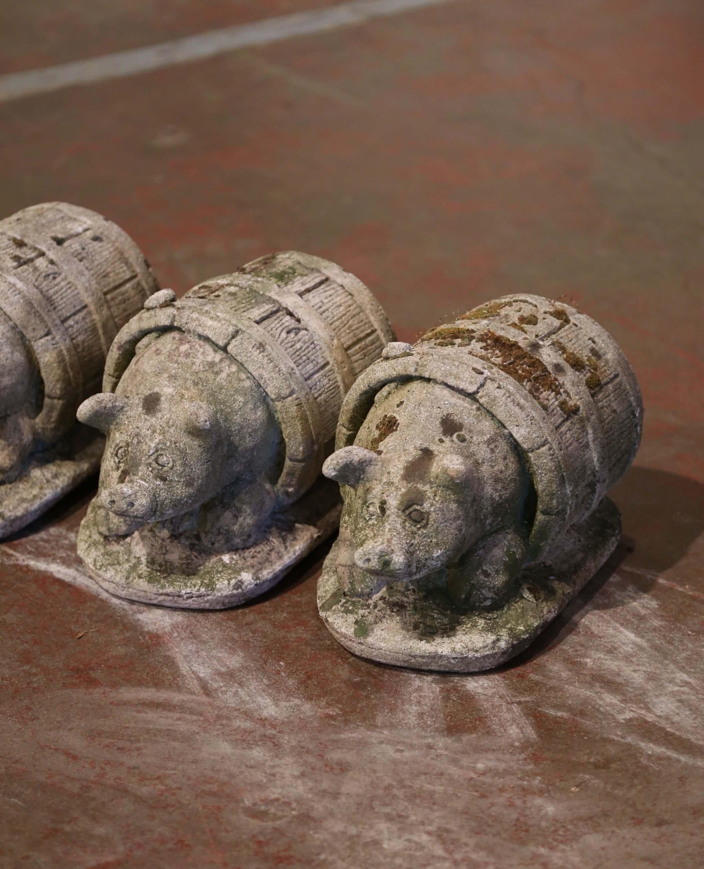 Hand-Crafted 19th Century French Weathered Concrete Pig Sculptures in Barrels, Set of 4 For Sale