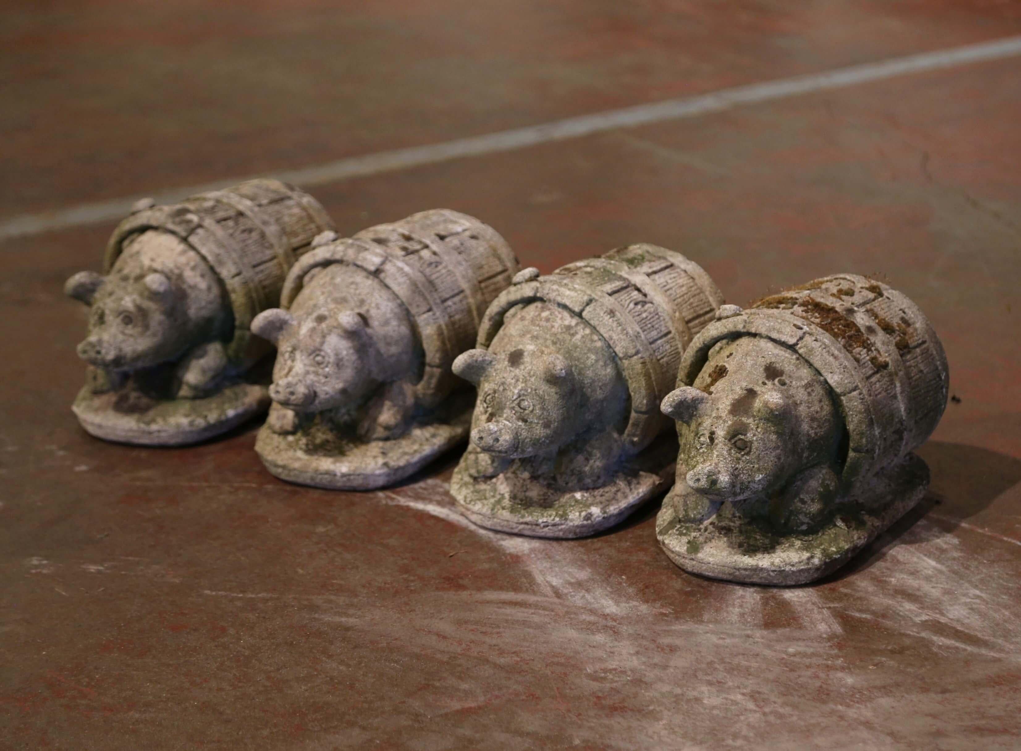 19th Century French Weathered Concrete Pig Sculptures in Barrels, Set of 4 In Excellent Condition For Sale In Dallas, TX