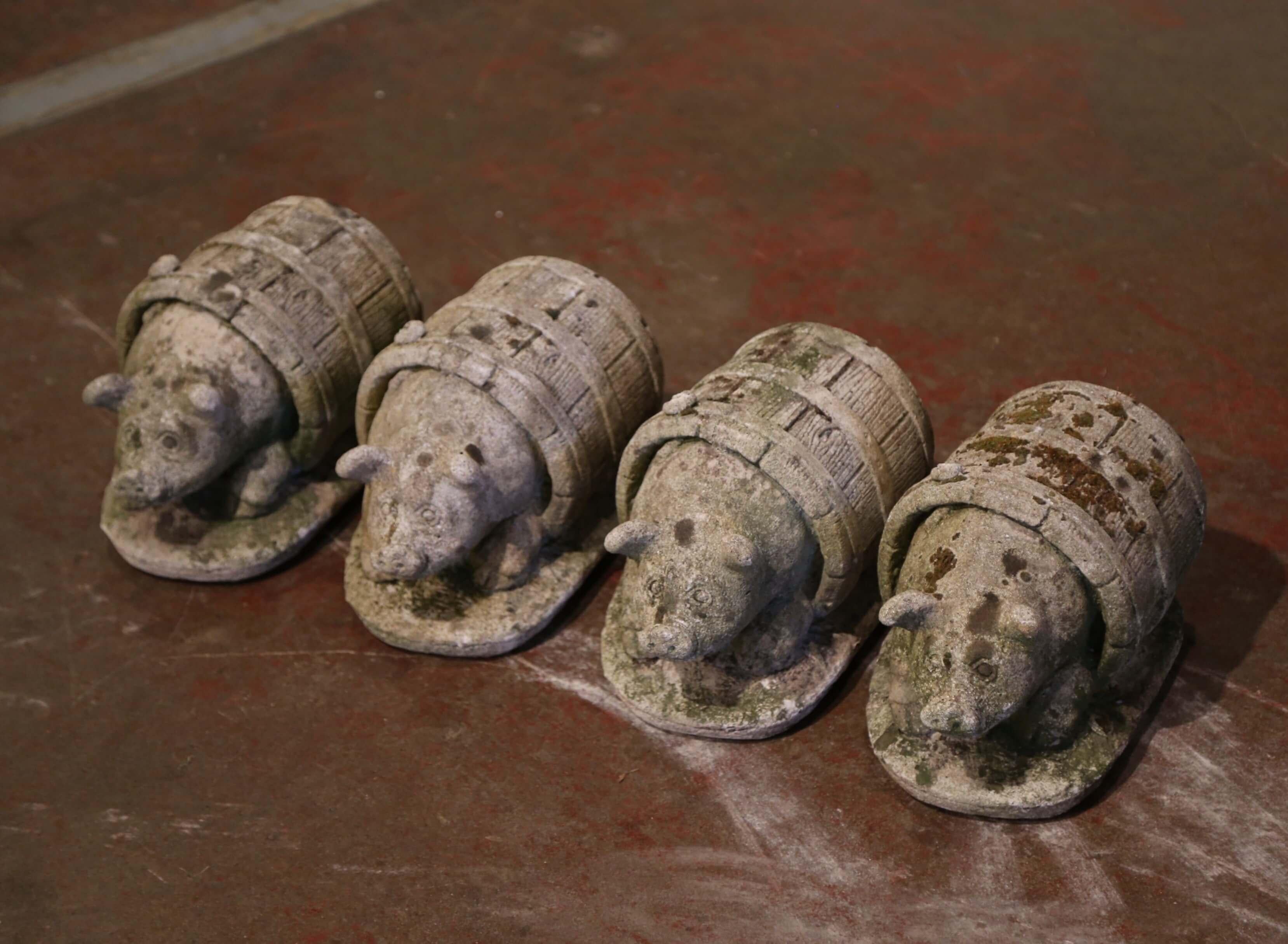 19th Century French Weathered Concrete Pig Sculptures in Barrels, Set of 4 For Sale 1