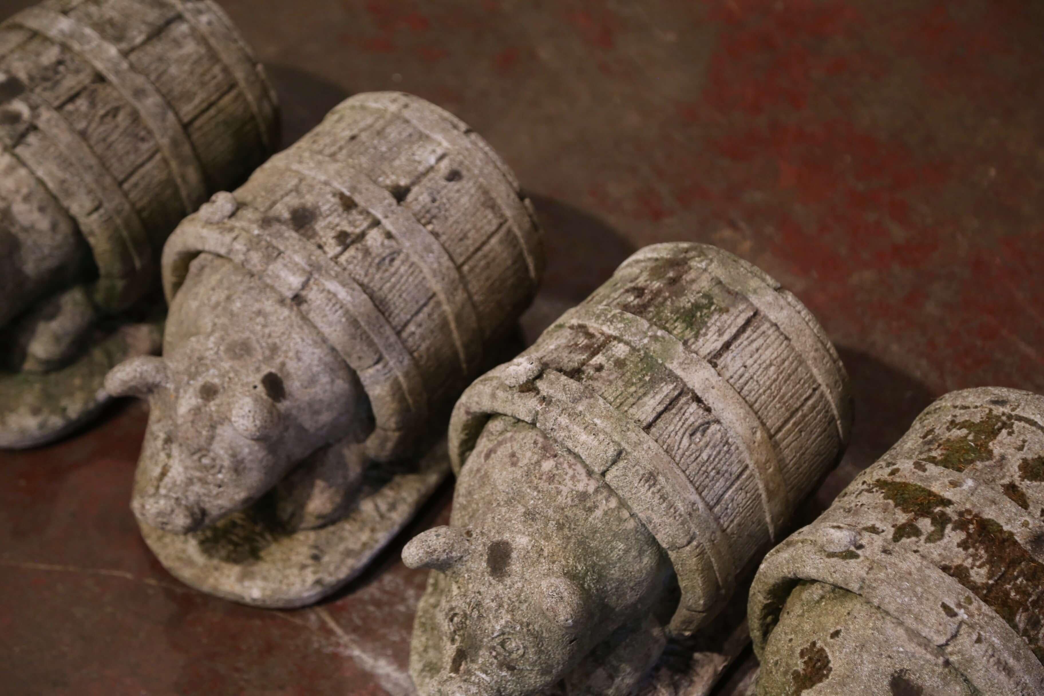 19th Century French Weathered Concrete Pig Sculptures in Barrels, Set of 4 For Sale 2