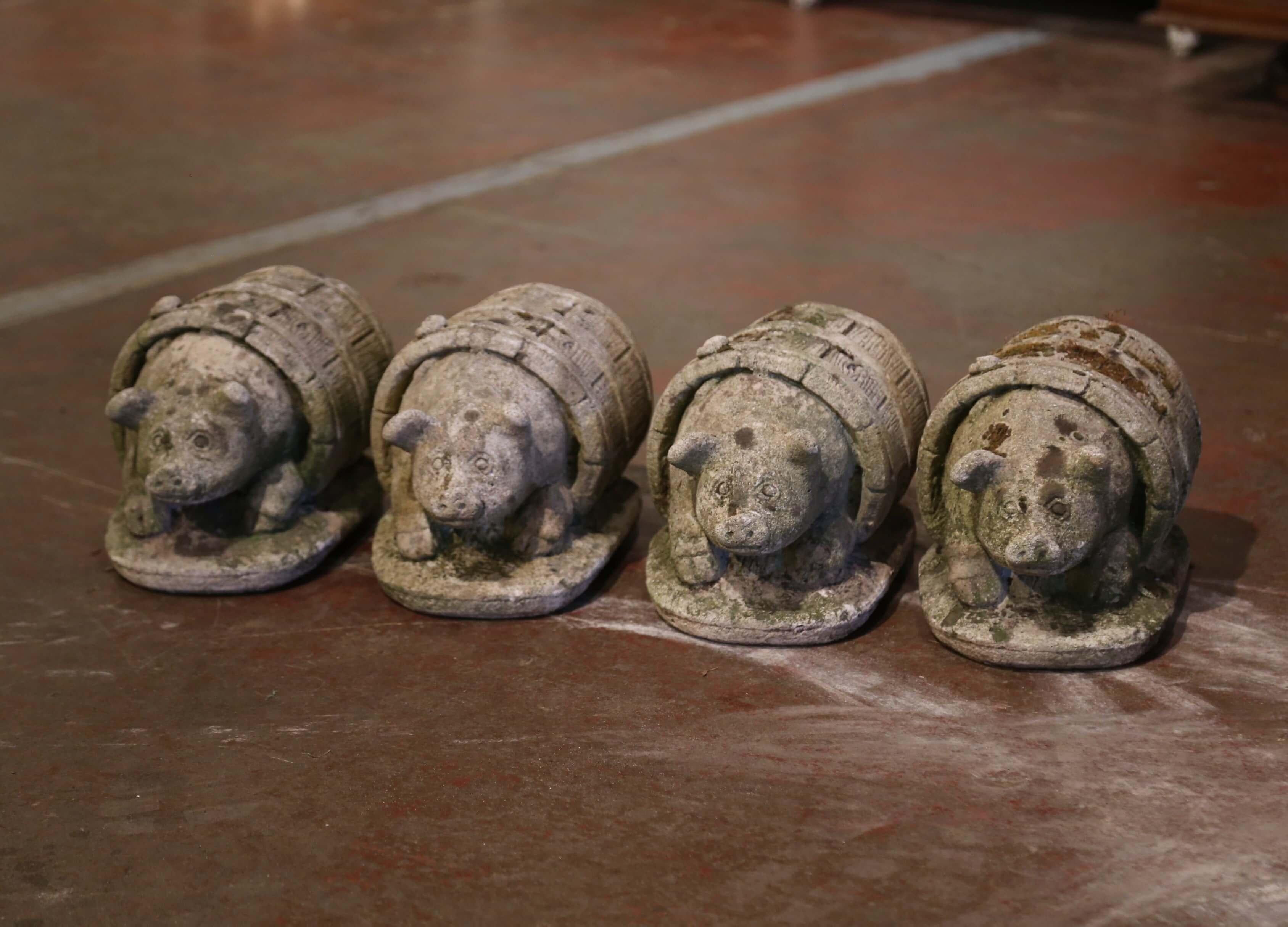 19th Century French Weathered Concrete Pig Sculptures in Barrels, Set of 4 For Sale 3