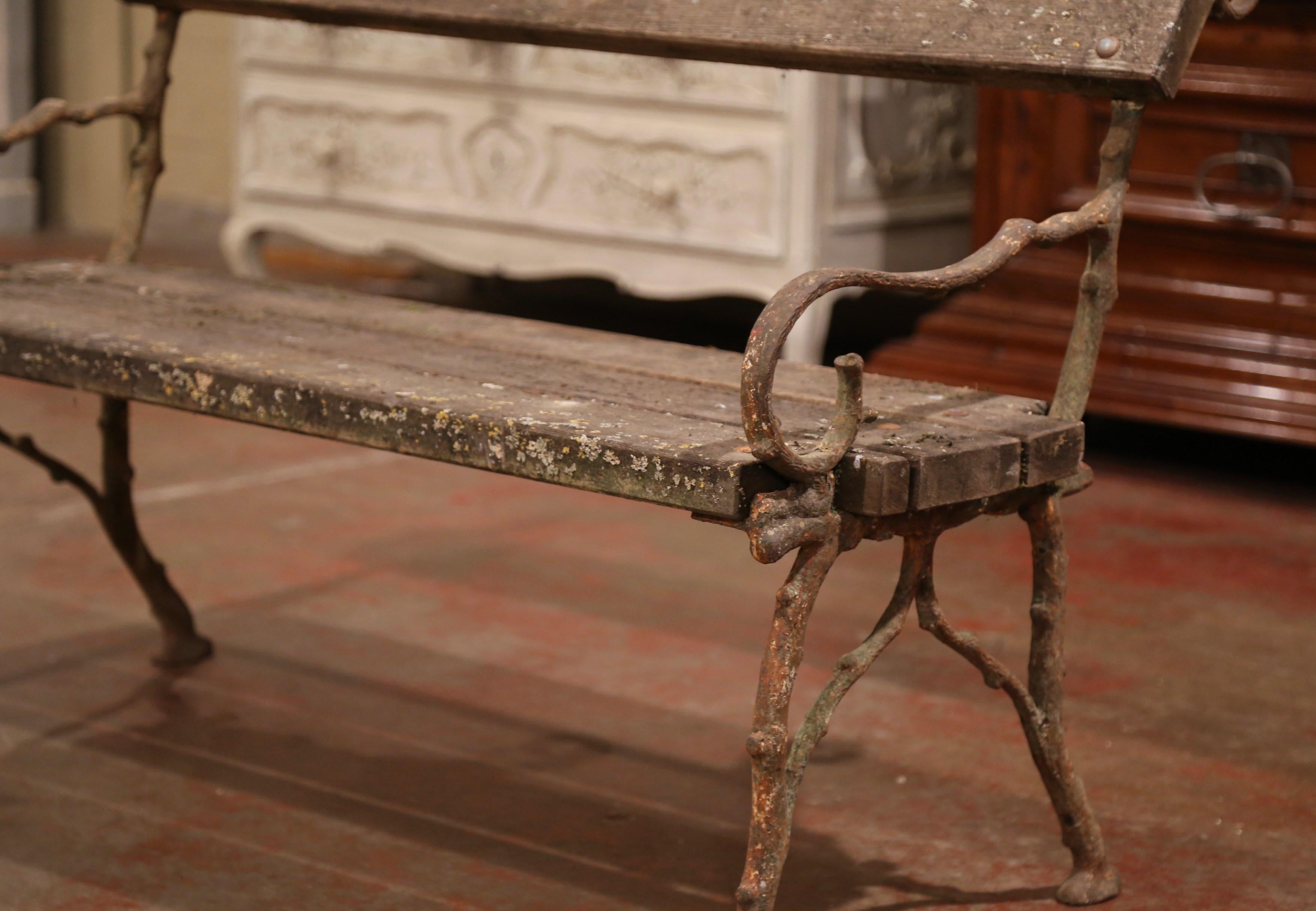 Hand-Crafted 19th Century French Weathered Iron and Wood Outdoor Garden Bench