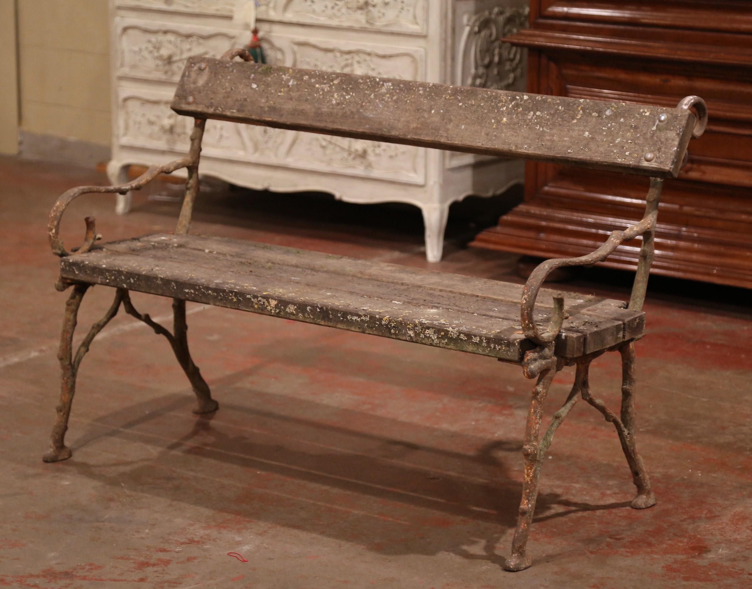 19th Century French Weathered Iron and Wood Outdoor Garden Bench 1