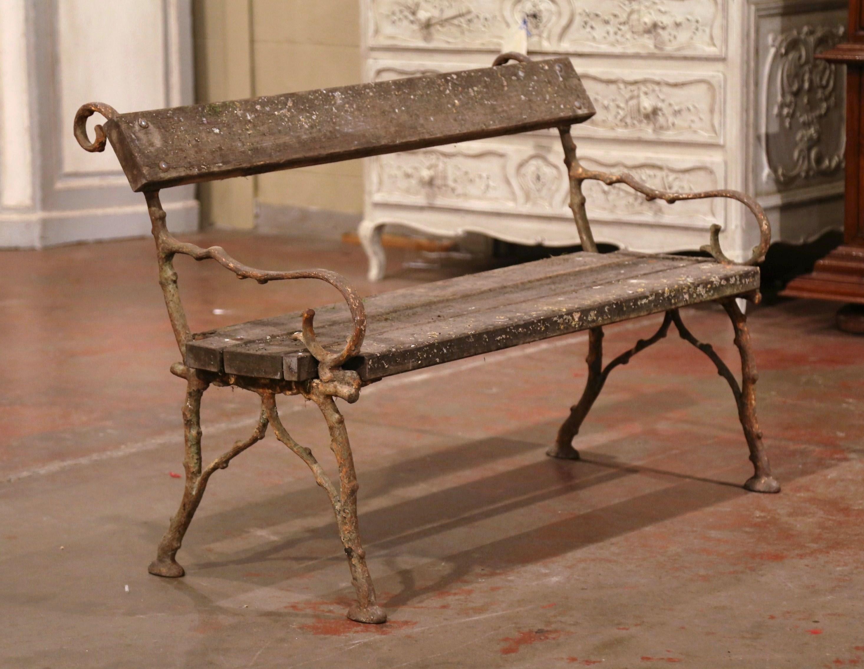 19th Century French Weathered Iron and Wood Outdoor Garden Bench 3