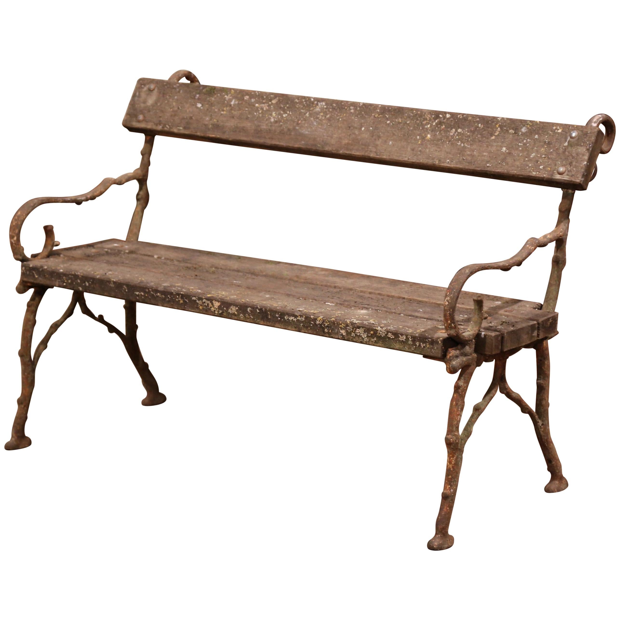 19th Century French Weathered Iron and Wood Outdoor Garden Bench