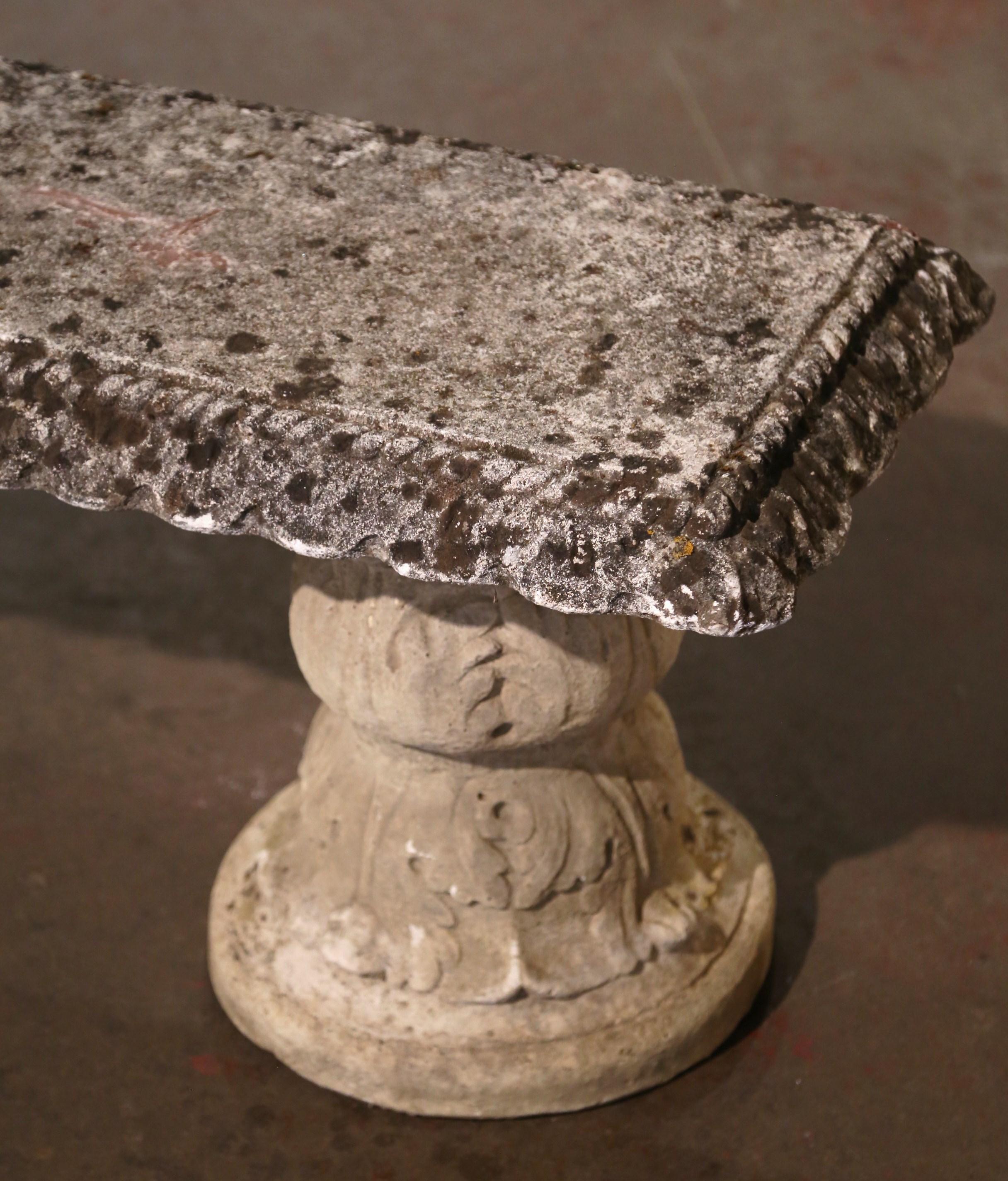 19th Century French Weathered Stone Garden Bench on Acanthus Supports In Excellent Condition In Dallas, TX