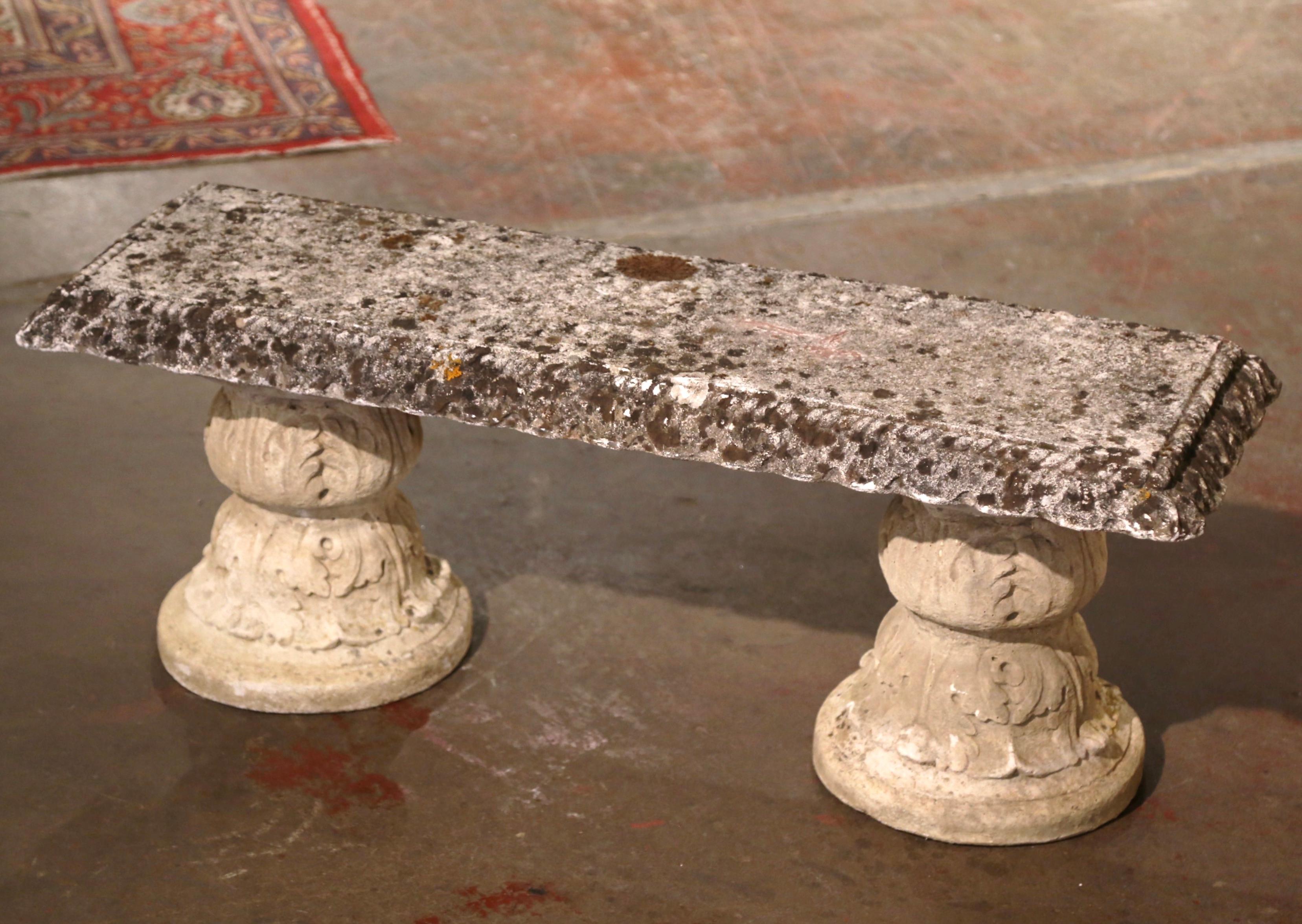 19th Century French Weathered Stone Garden Bench on Acanthus Supports 1