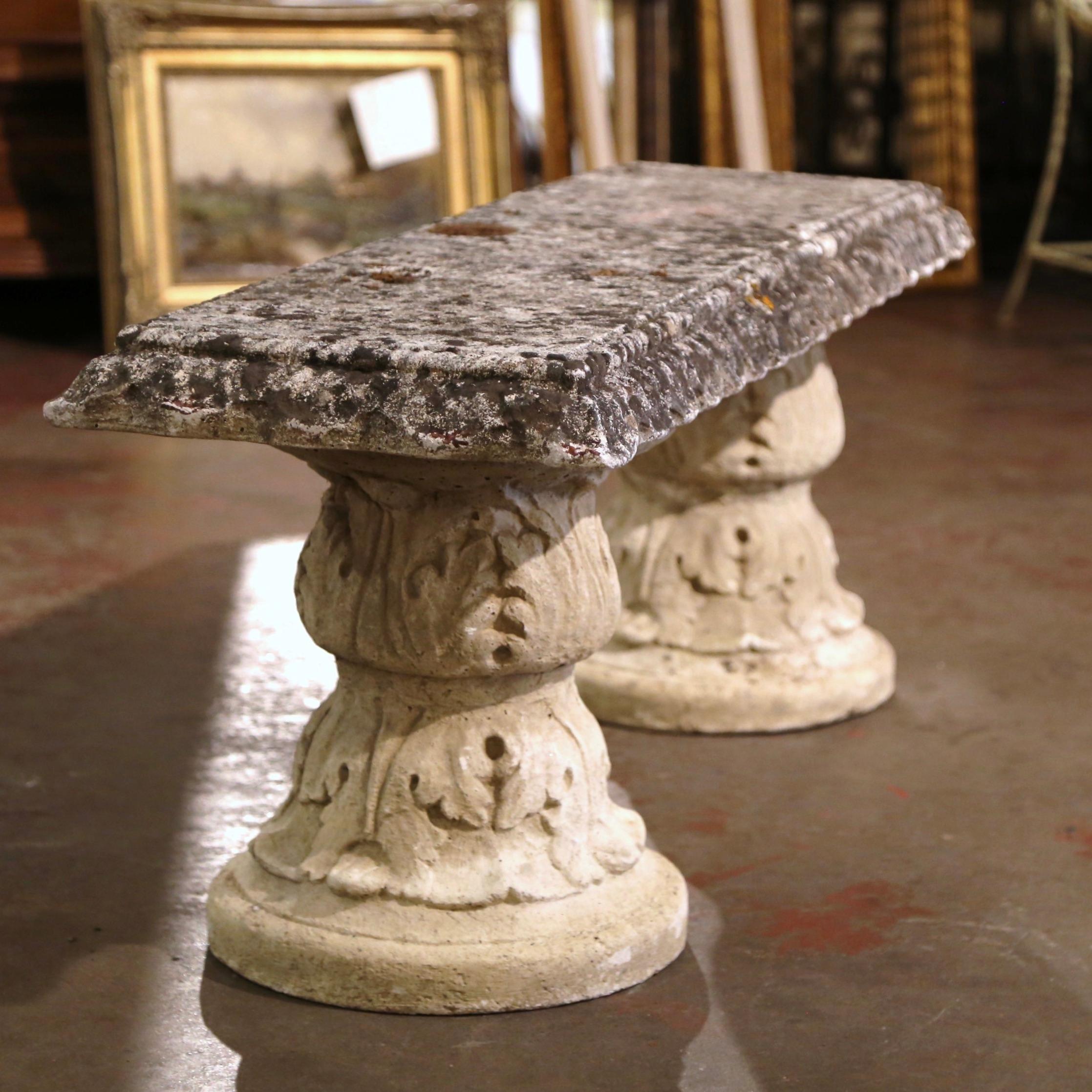 19th Century French Weathered Stone Garden Bench on Acanthus Supports 3